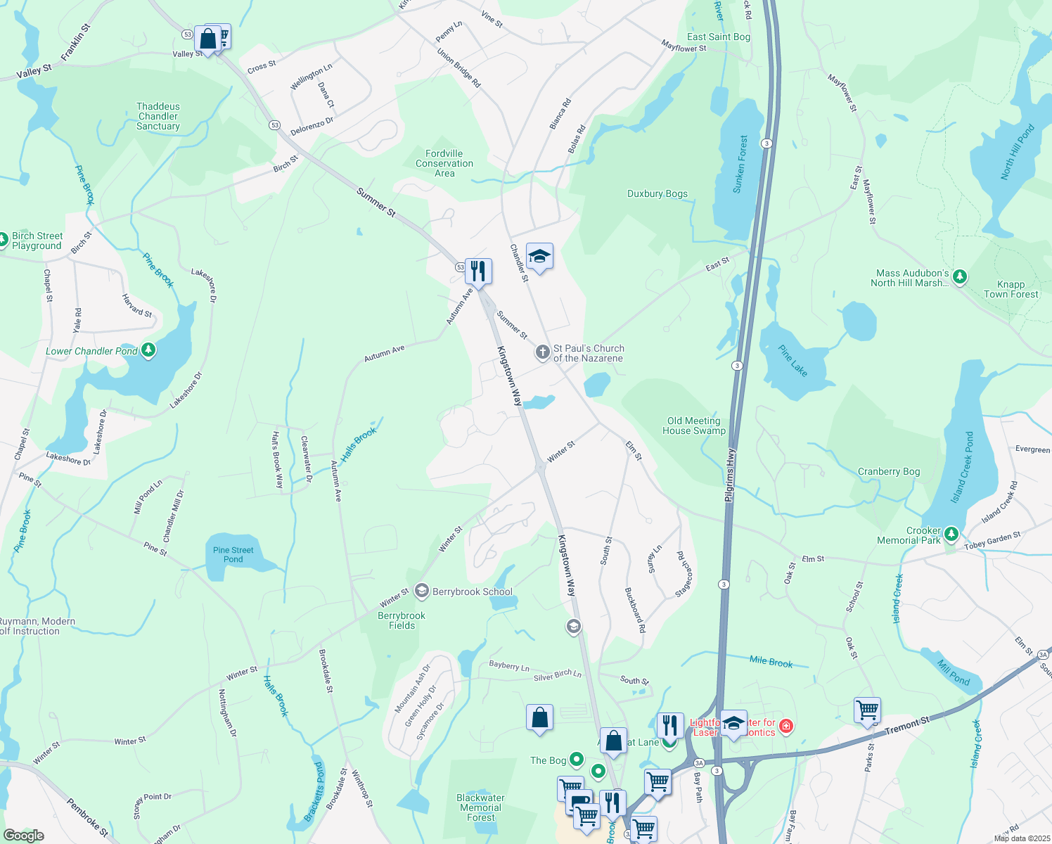 map of restaurants, bars, coffee shops, grocery stores, and more near 267 Kingstown Way in Duxbury