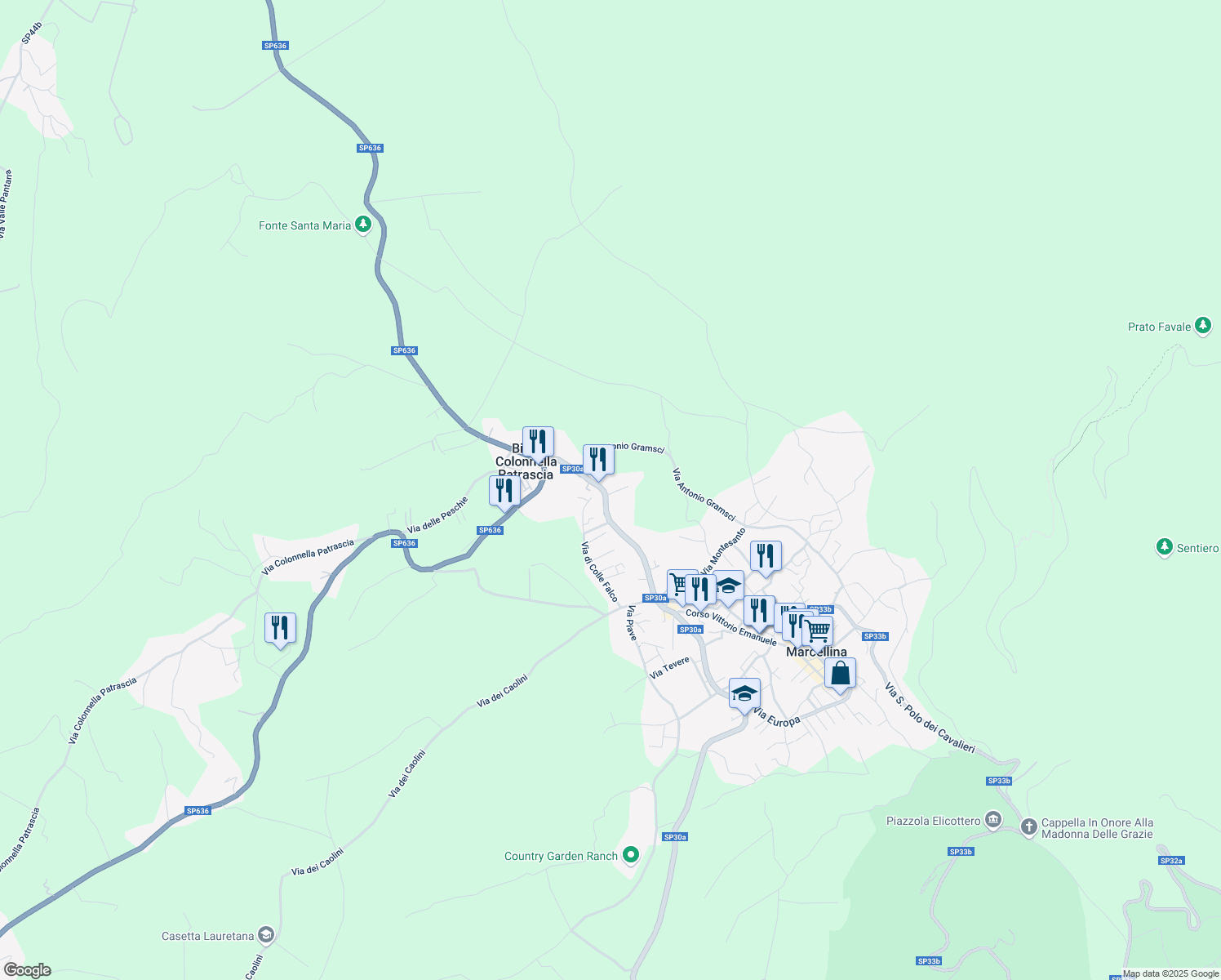 map of restaurants, bars, coffee shops, grocery stores, and more near 15 Via Roma in Marcellina