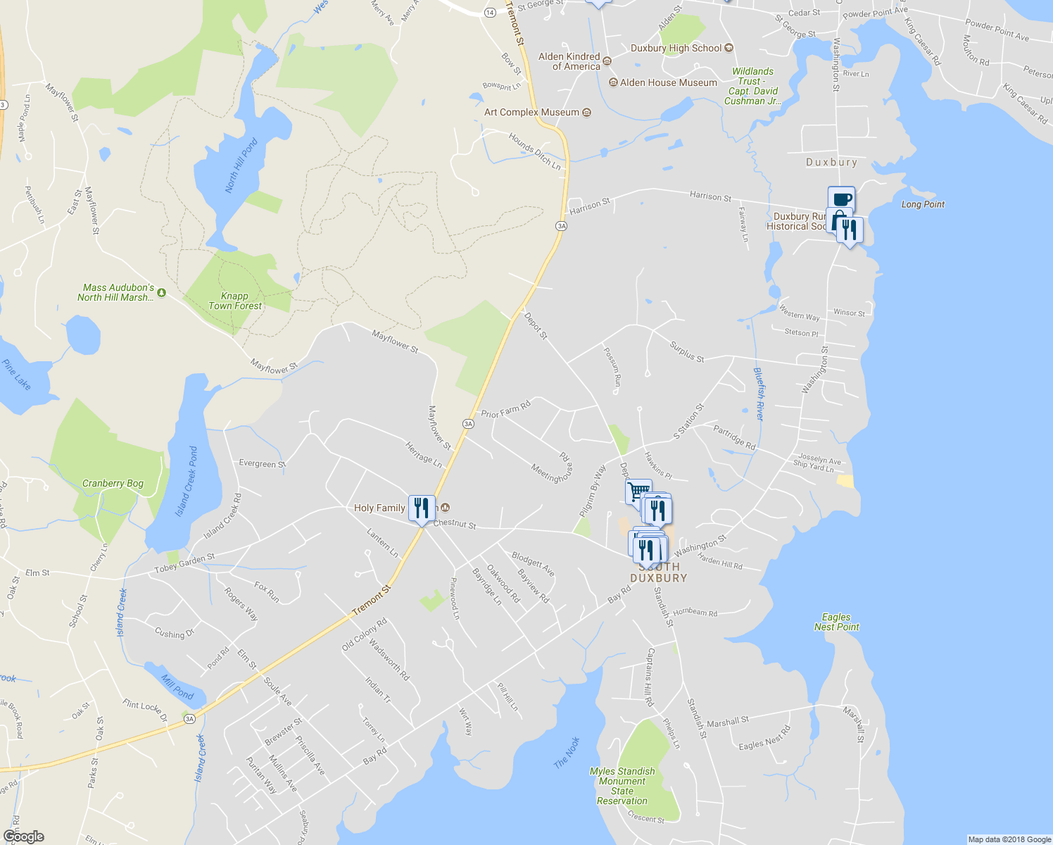 map of restaurants, bars, coffee shops, grocery stores, and more near 26 Meetinghouse Road in Duxbury