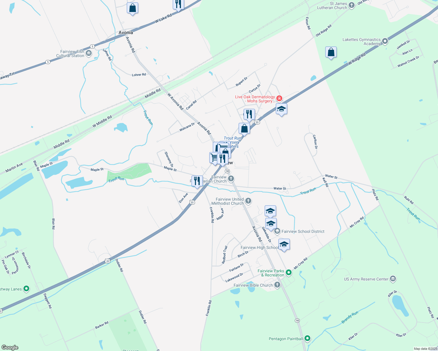 map of restaurants, bars, coffee shops, grocery stores, and more near 7555 W Ridge Rd in Fairview