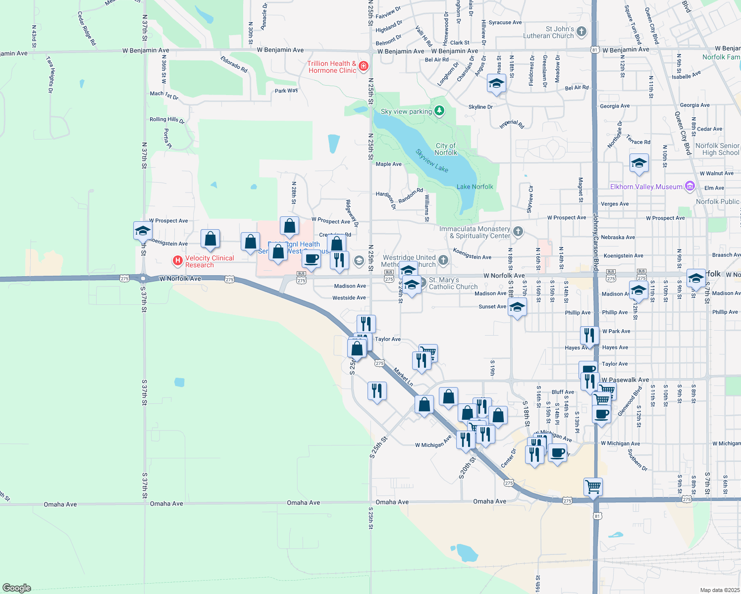 map of restaurants, bars, coffee shops, grocery stores, and more near 199 S 25th St in Norfolk