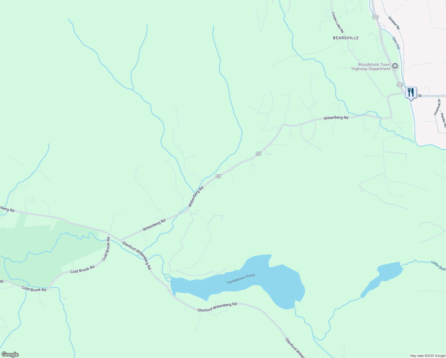 map of restaurants, bars, coffee shops, grocery stores, and more near 9 Sonando Lane in Bearsville