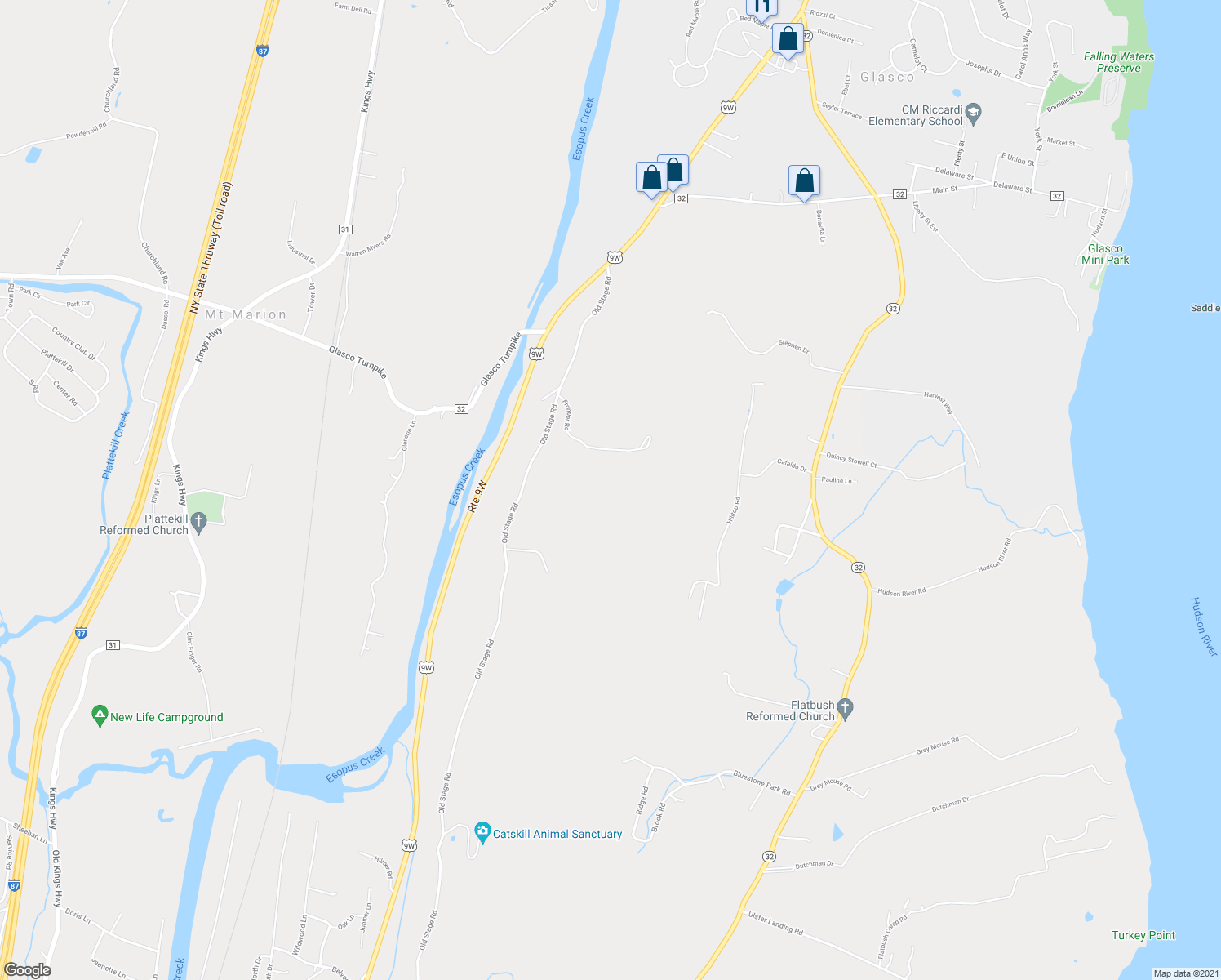 map of restaurants, bars, coffee shops, grocery stores, and more near 77 Frontier Road in Saugerties