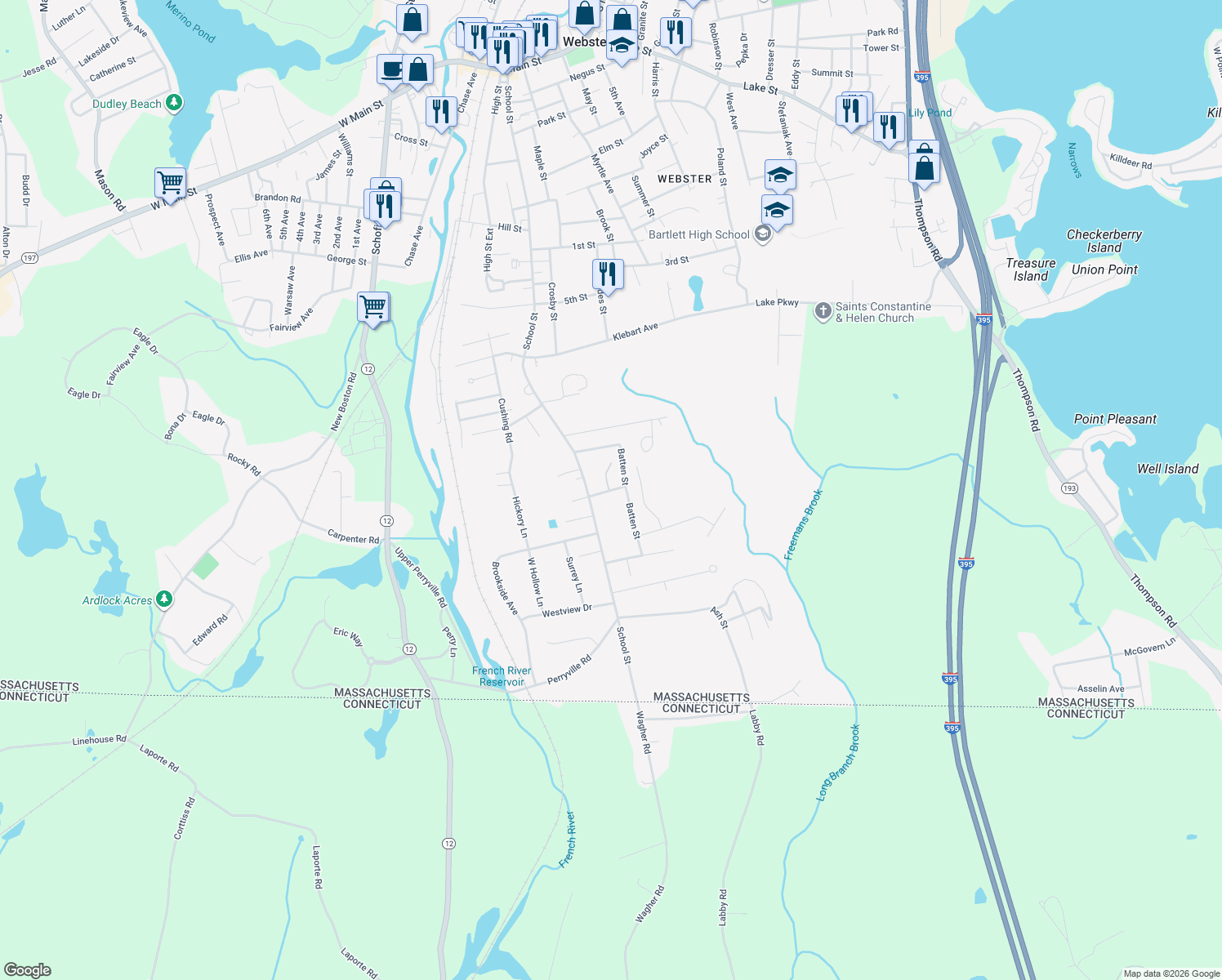 map of restaurants, bars, coffee shops, grocery stores, and more near 15 Applebee Avenue in Webster