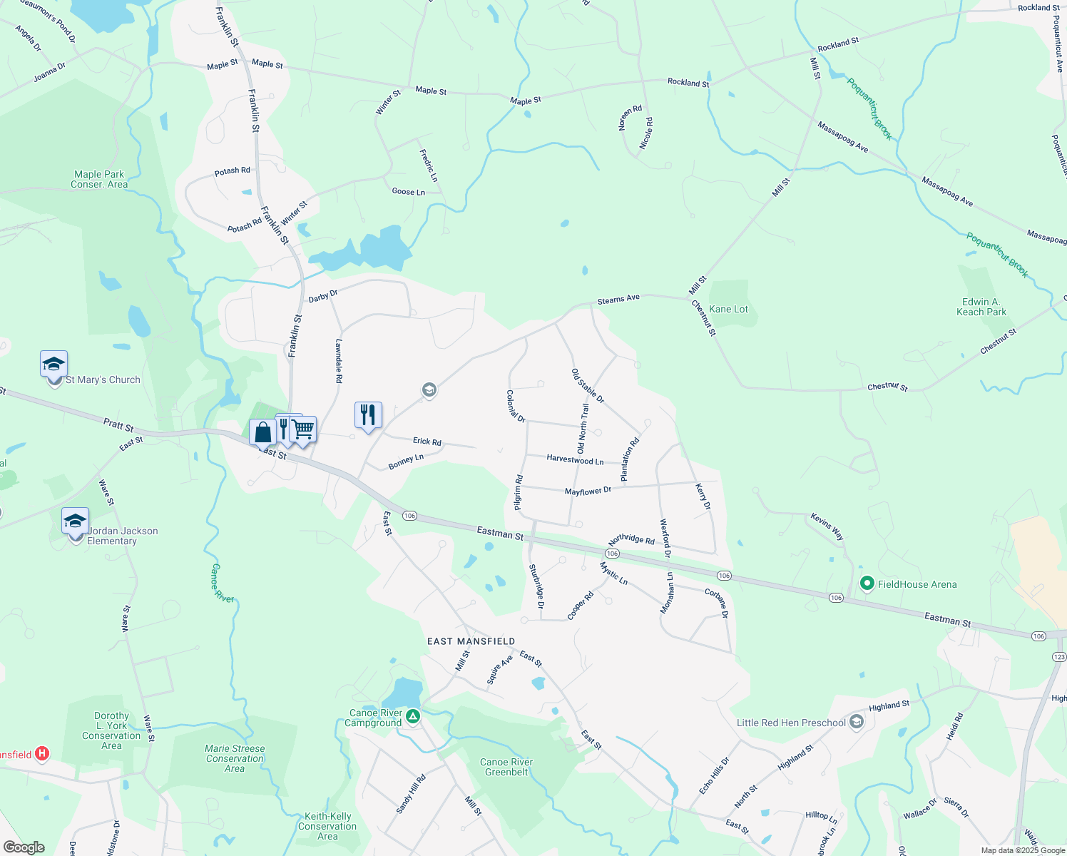 map of restaurants, bars, coffee shops, grocery stores, and more near 4 Pilgrim Road in Mansfield