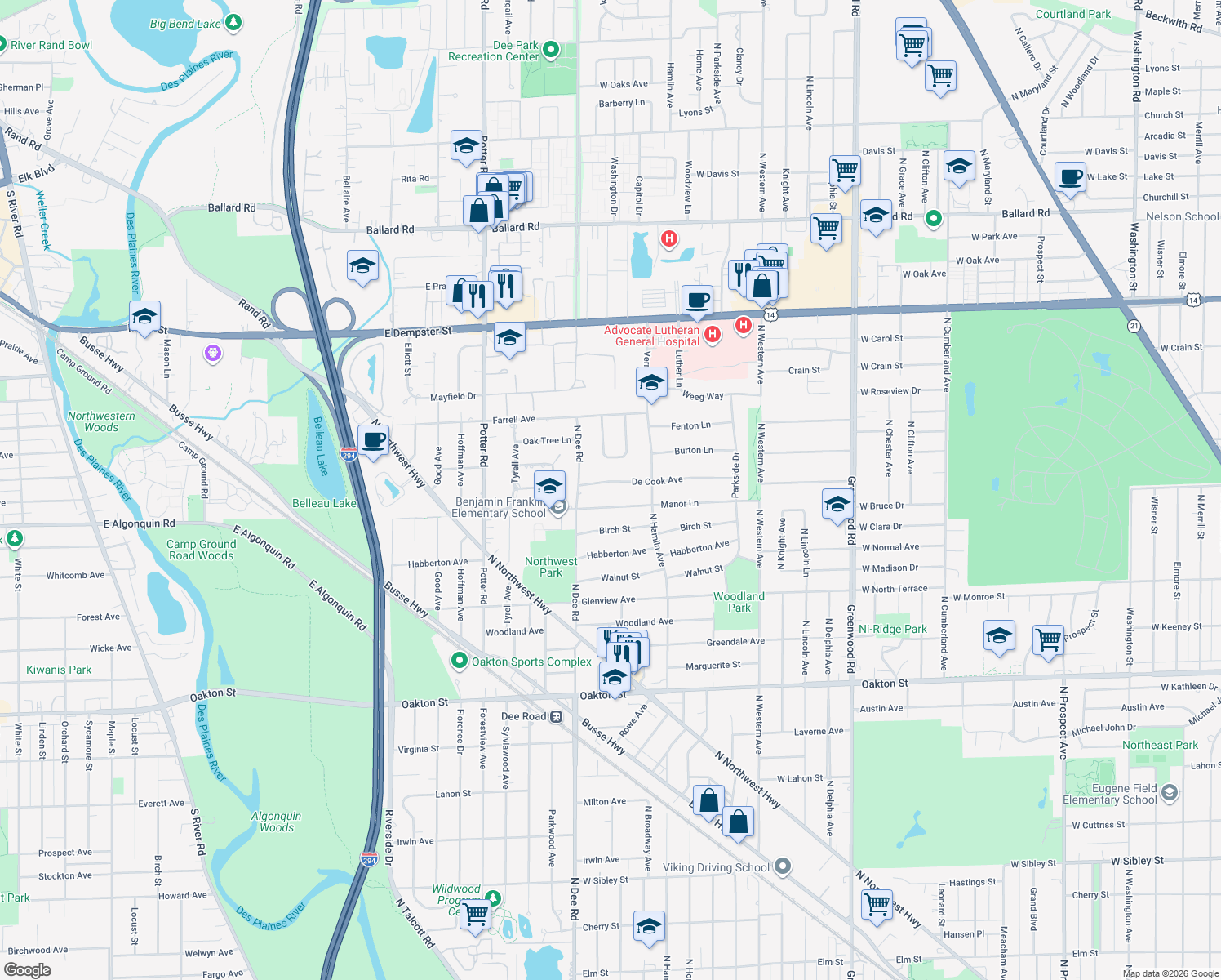 map of restaurants, bars, coffee shops, grocery stores, and more near 2119 De Cook Avenue in Park Ridge