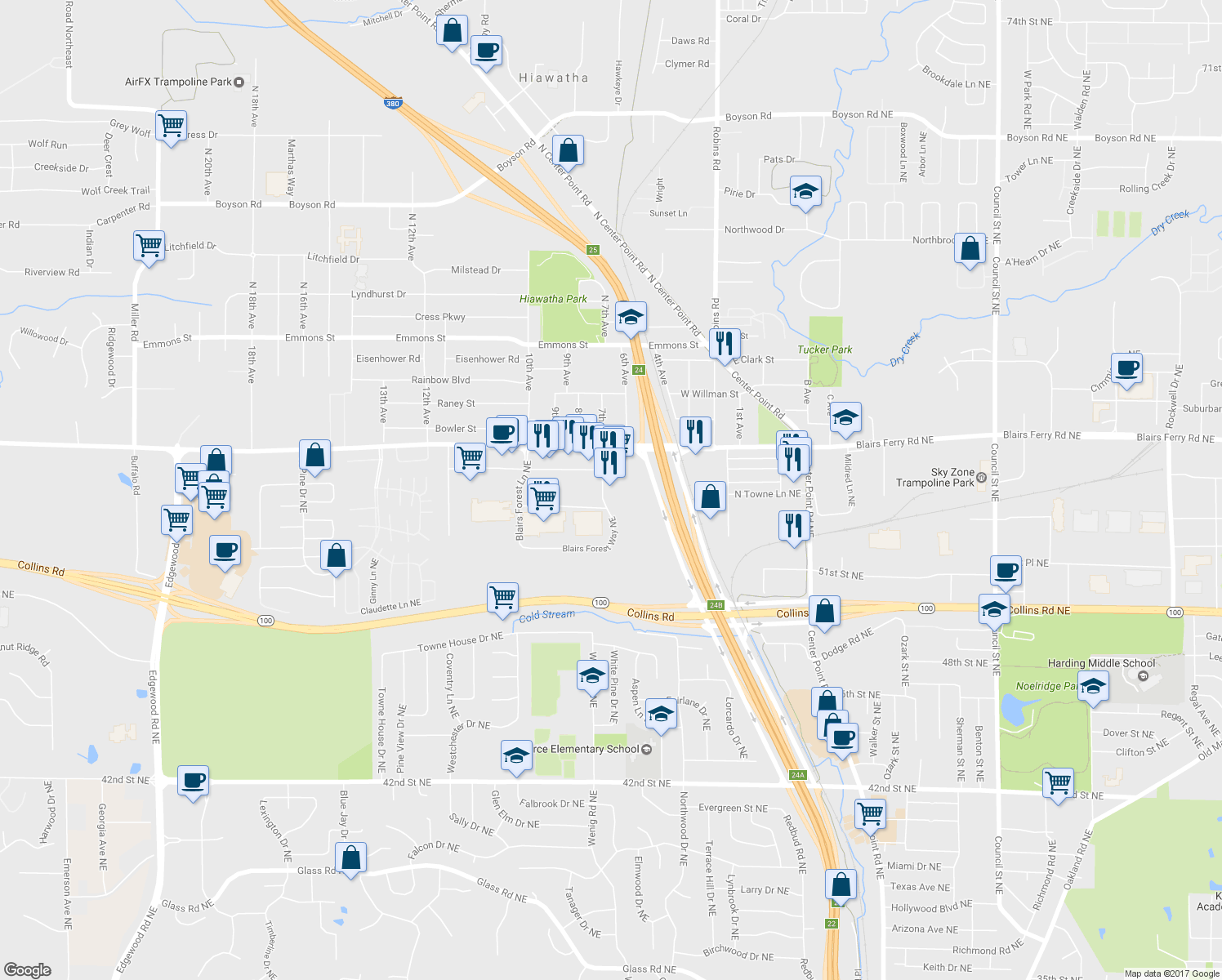 map of restaurants, bars, coffee shops, grocery stores, and more near 5466 Blairs Forest Way NE in Cedar Rapids