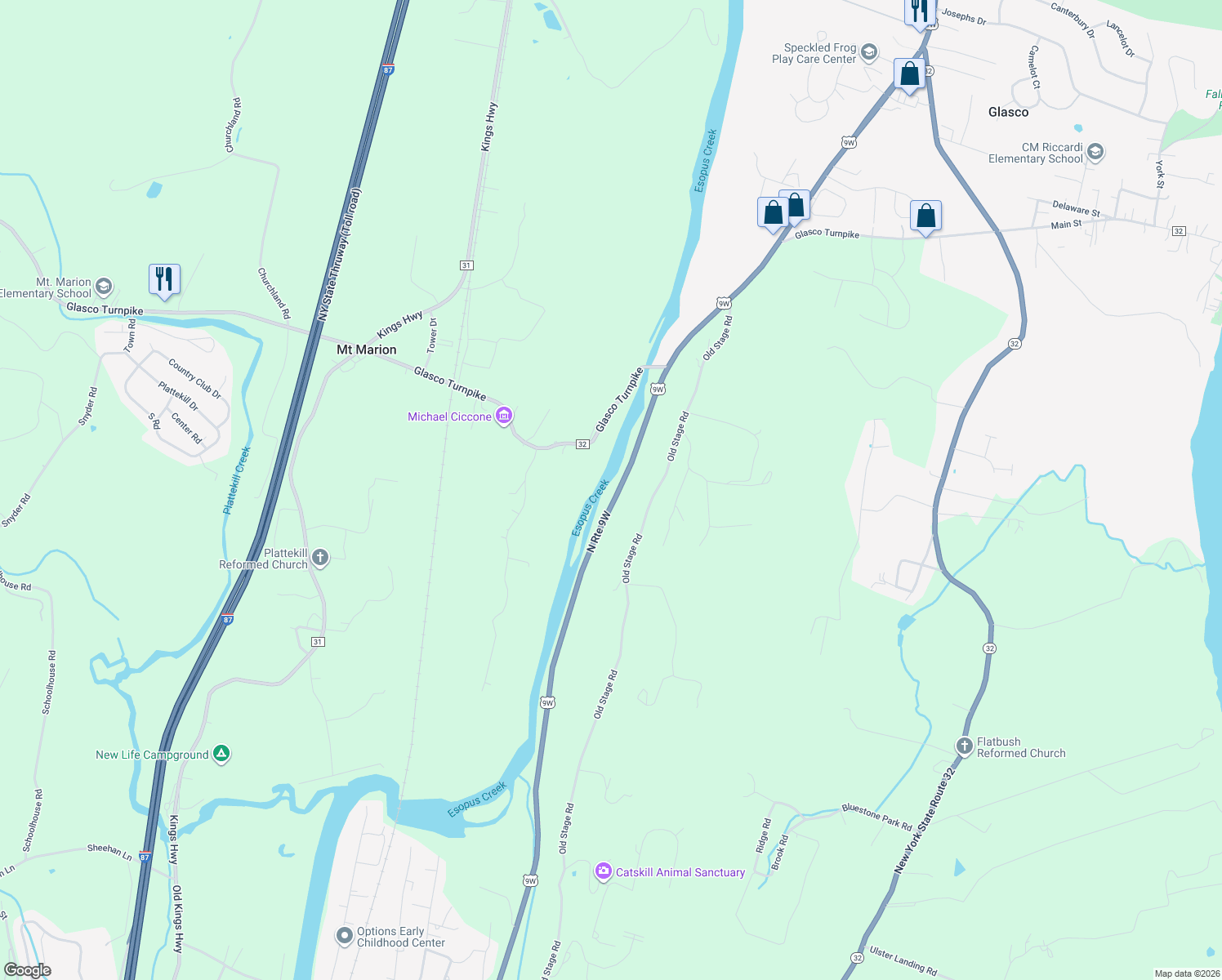 map of restaurants, bars, coffee shops, grocery stores, and more near 2681 North Route 9W in Saugerties