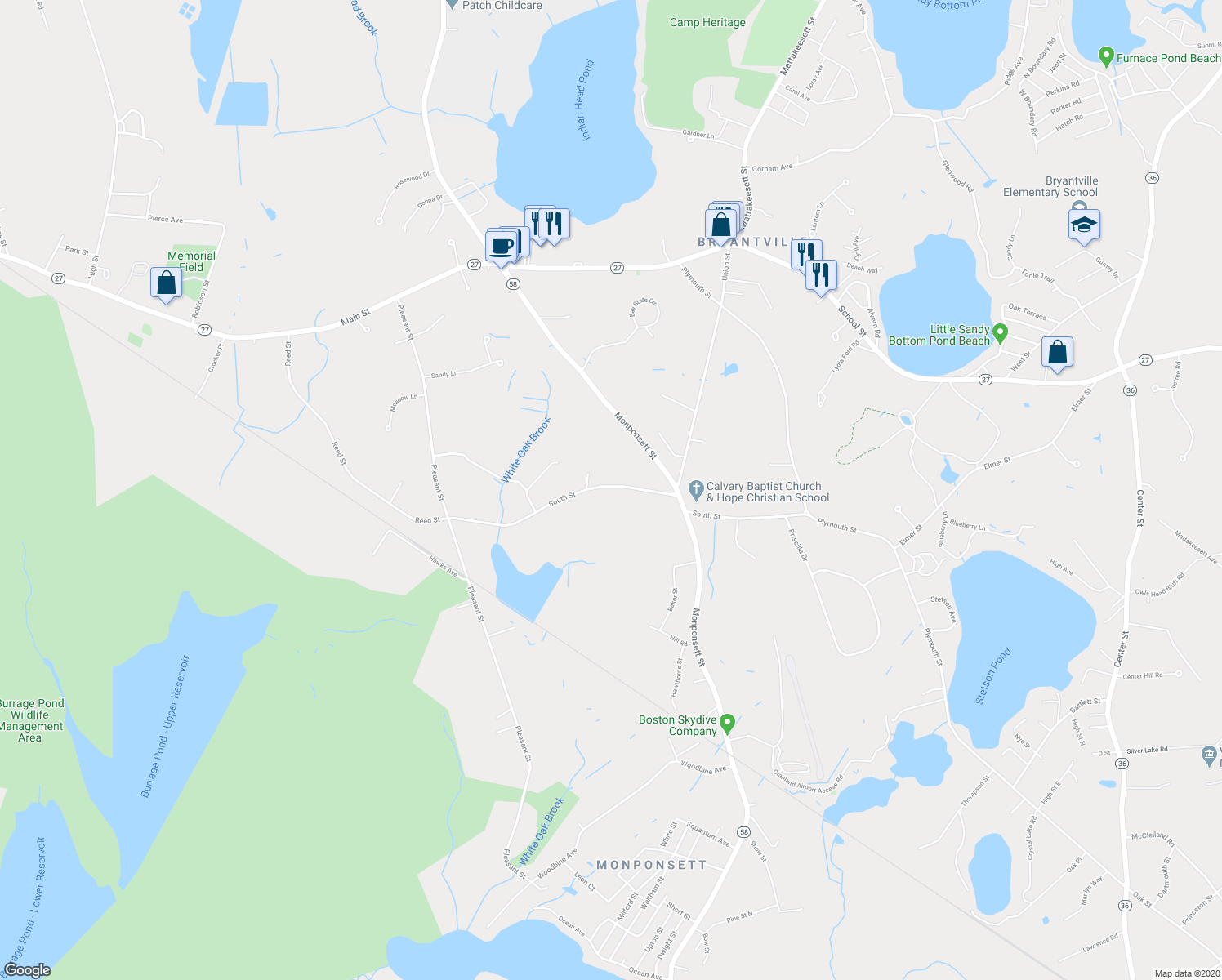 map of restaurants, bars, coffee shops, grocery stores, and more near 244 South Street in Hanson