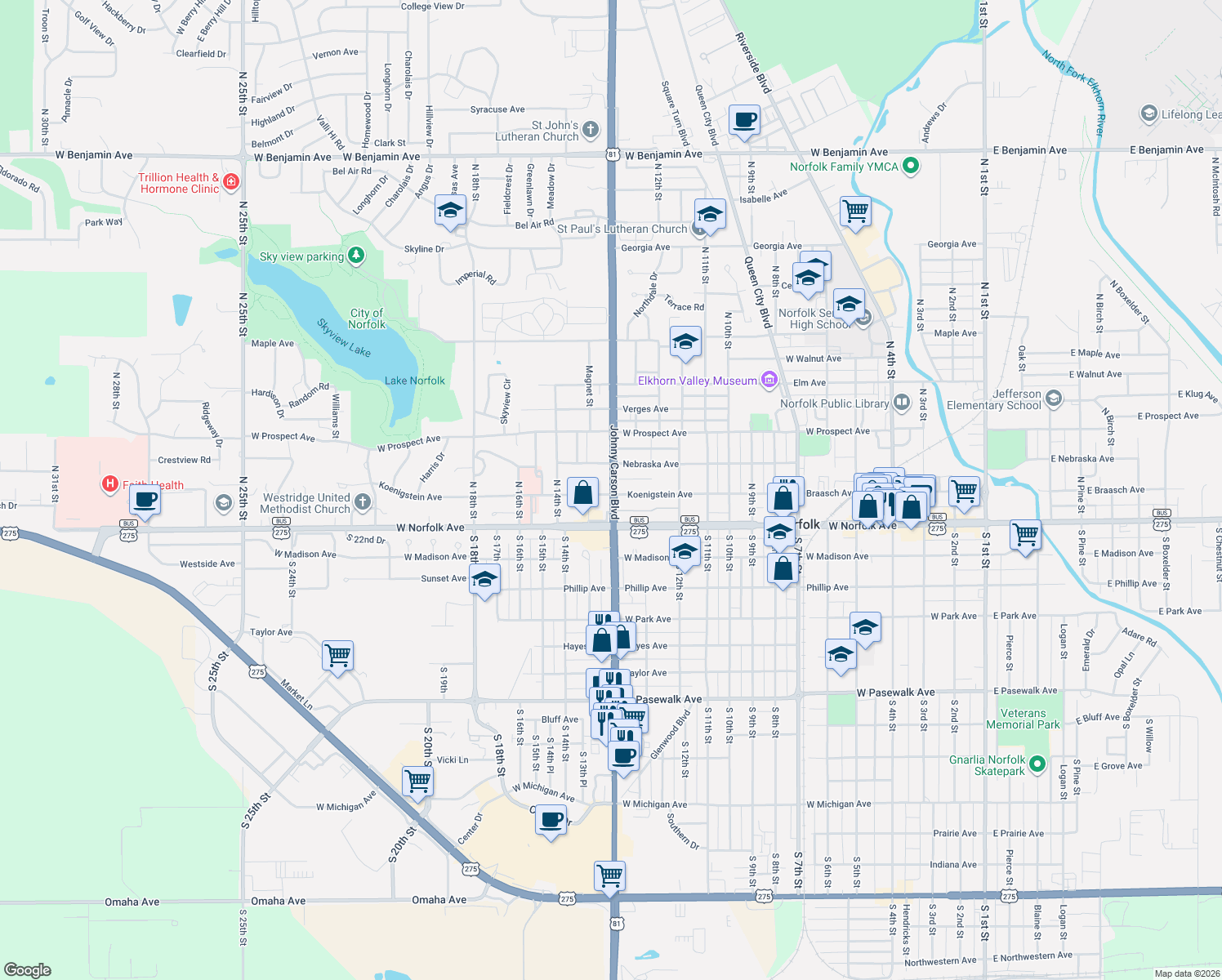 map of restaurants, bars, coffee shops, grocery stores, and more near 211 North 13th Street in Norfolk