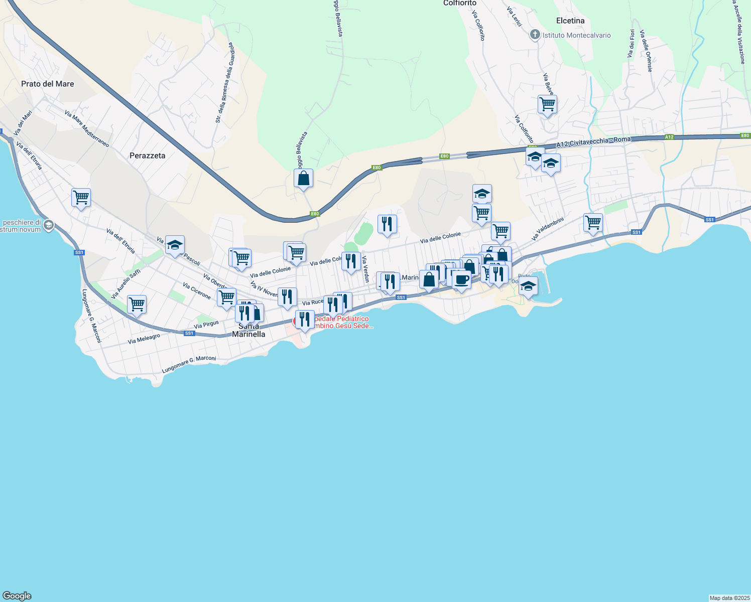 map of restaurants, bars, coffee shops, grocery stores, and more near 12 Via Padre Reginaldo Giuliani in Santa Marinella