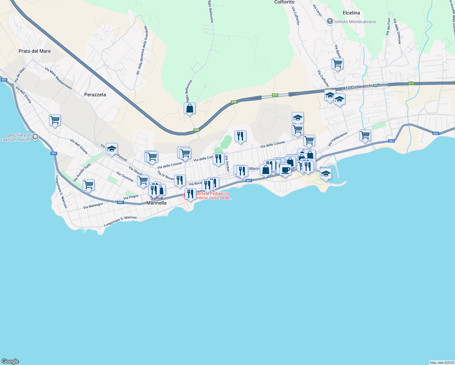 map of restaurants, bars, coffee shops, grocery stores, and more near 12 Via Padre Reginaldo Giuliani in Santa Marinella