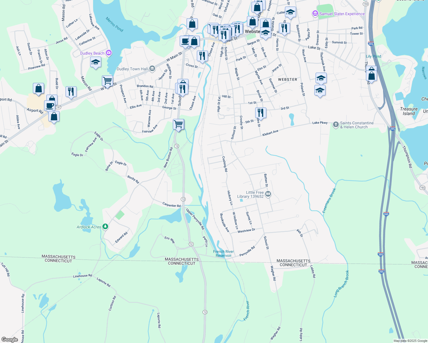 map of restaurants, bars, coffee shops, grocery stores, and more near 35 Overlook Avenue in Webster