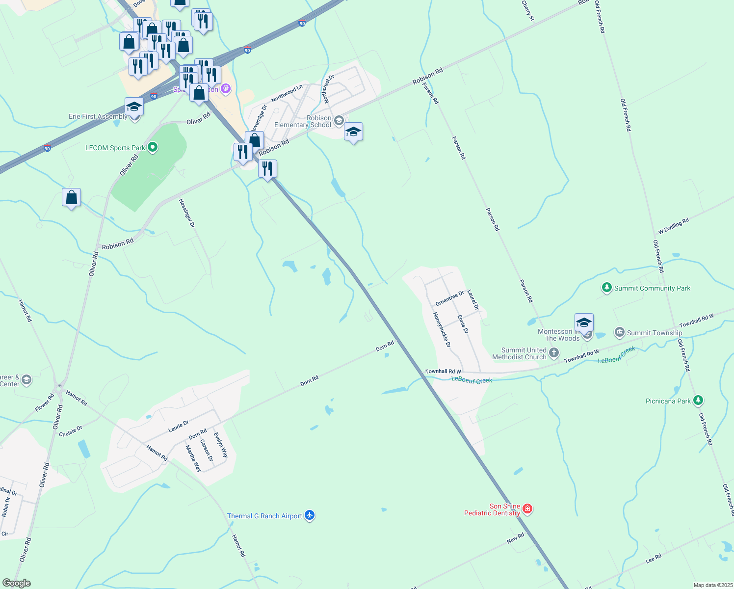 map of restaurants, bars, coffee shops, grocery stores, and more near 8643 Peach St in Erie