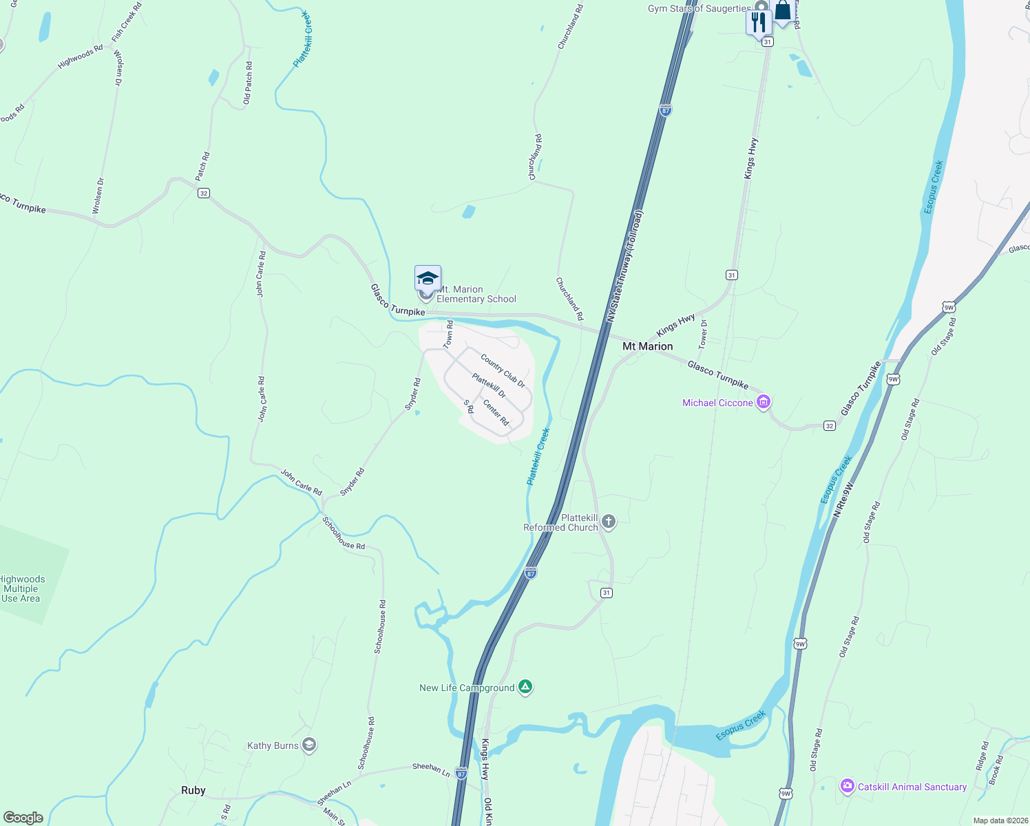 map of restaurants, bars, coffee shops, grocery stores, and more near 47 Plattekill Drive in Mount Marion