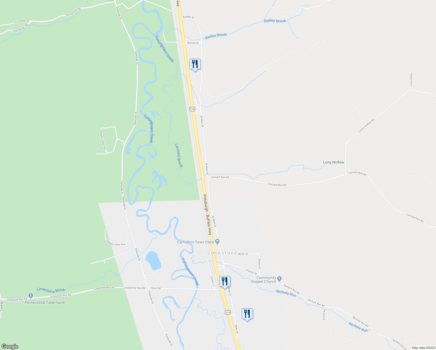 map of restaurants, bars, coffee shops, grocery stores, and more near 5844 Leonard Run Road in Limestone