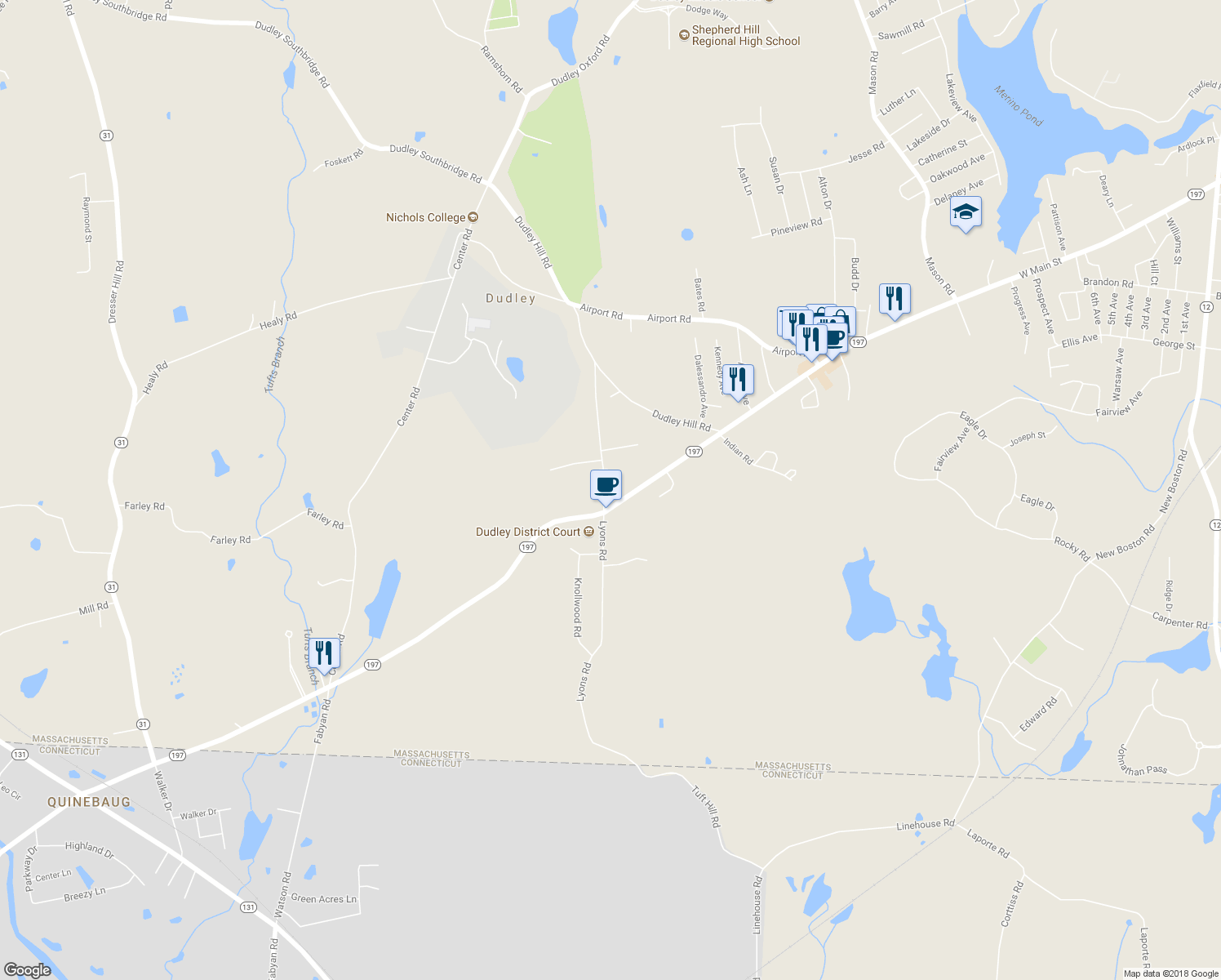 map of restaurants, bars, coffee shops, grocery stores, and more near 35 Hall Road in Dudley