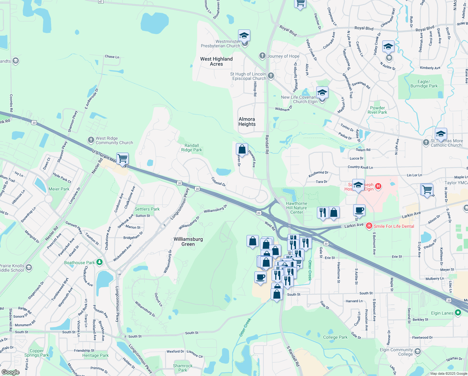 map of restaurants, bars, coffee shops, grocery stores, and more near 2714 Sterling Court in Elgin