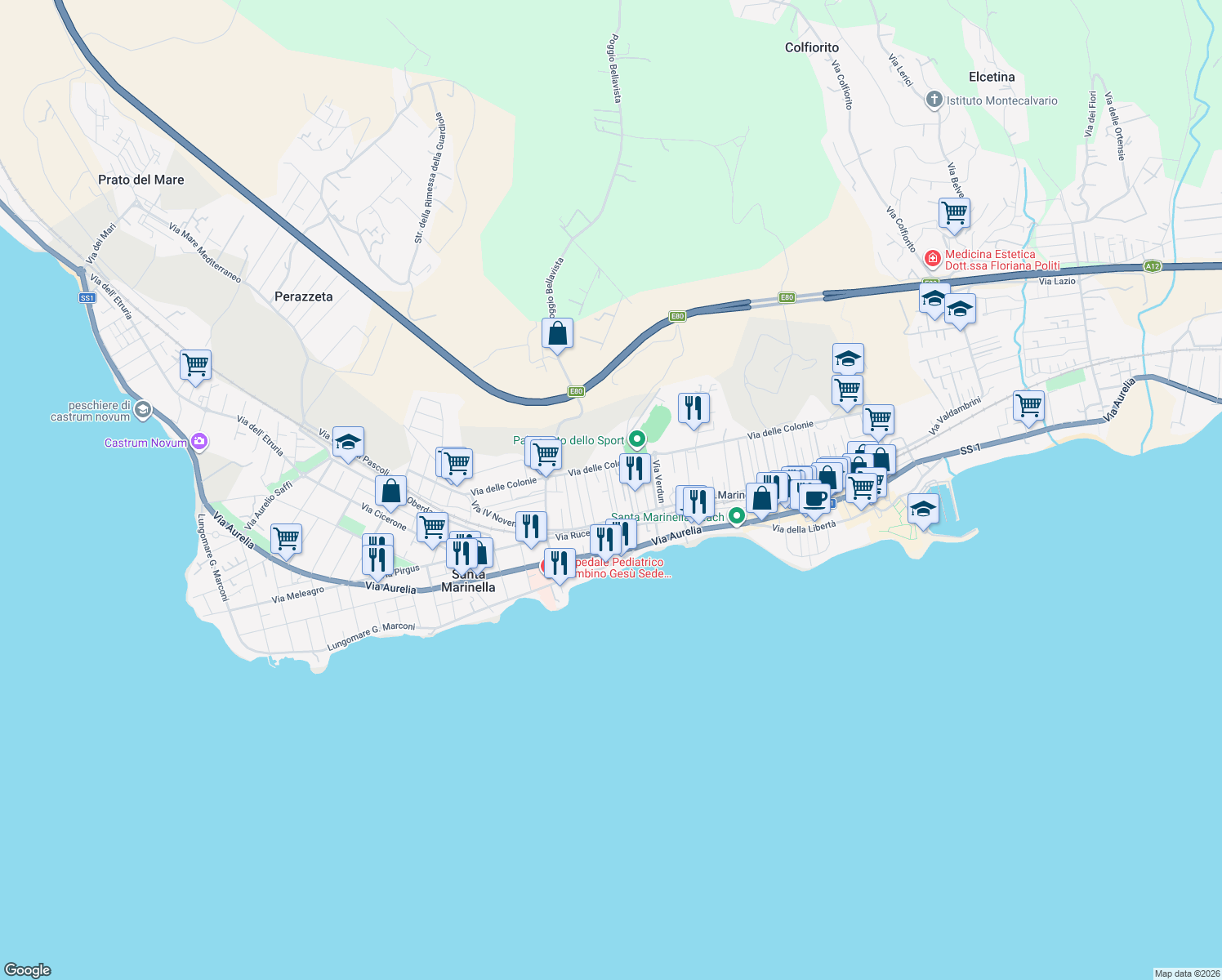 map of restaurants, bars, coffee shops, grocery stores, and more near 32 Via Ortigara in Santa Marinella