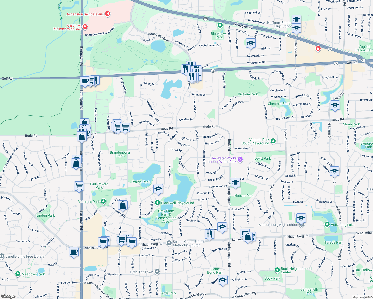 map of restaurants, bars, coffee shops, grocery stores, and more near 626 Willington Drive in Schaumburg
