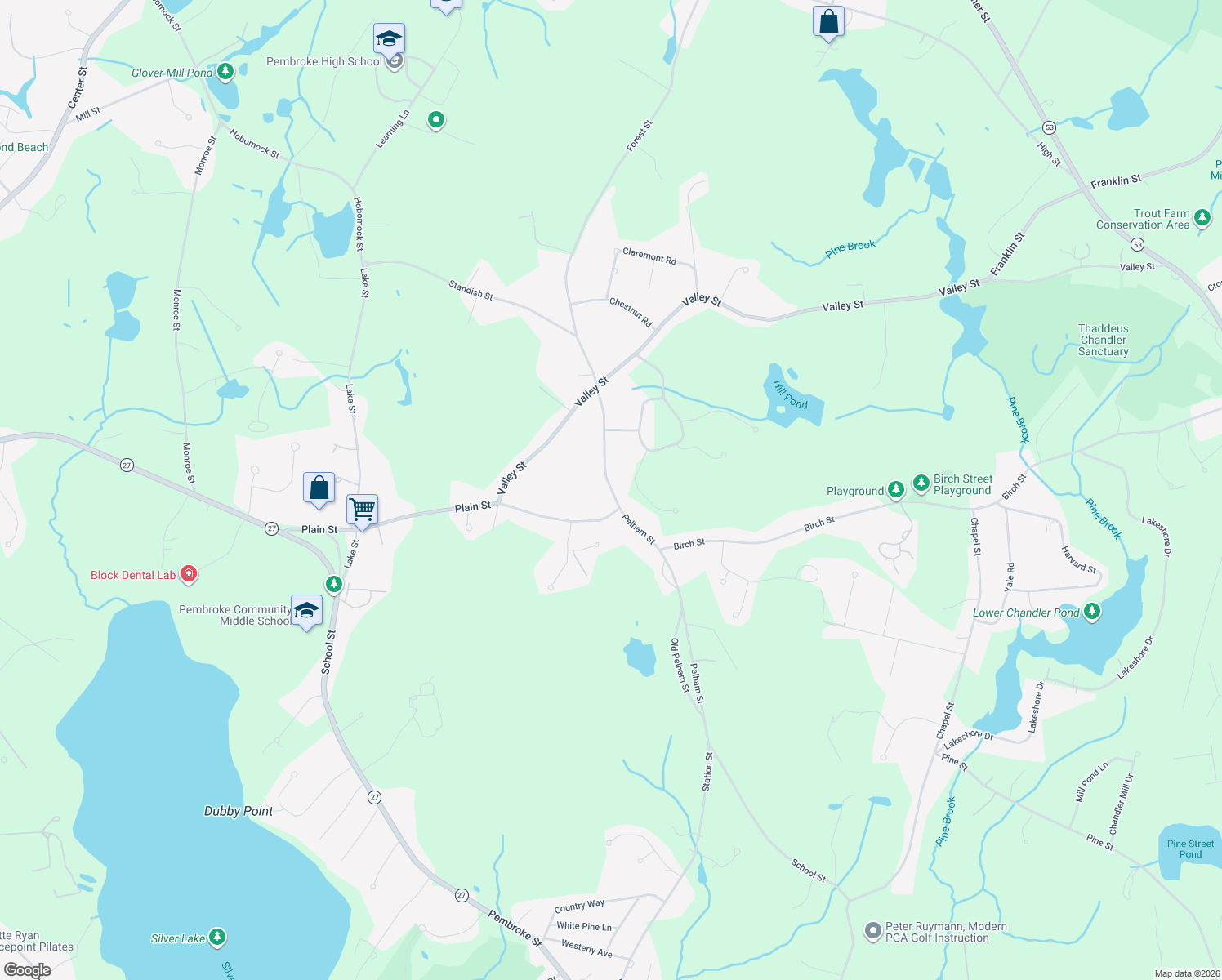 map of restaurants, bars, coffee shops, grocery stores, and more near 344 Forest Street in Pembroke