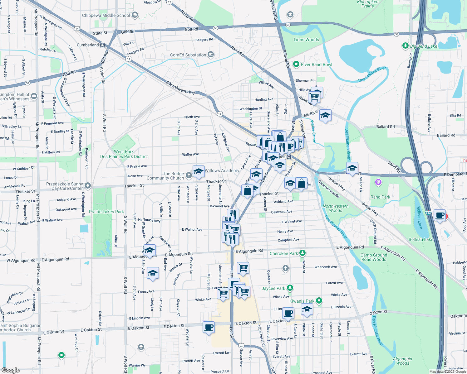 map of restaurants, bars, coffee shops, grocery stores, and more near 1201 E Thacker St in Des Plaines