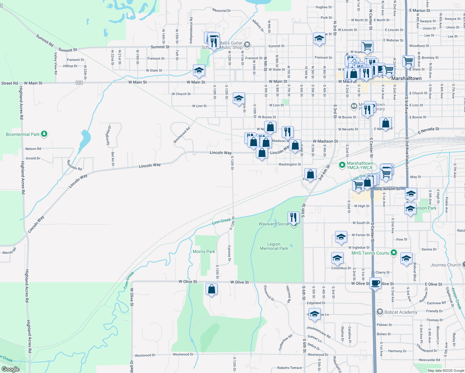 map of restaurants, bars, coffee shops, grocery stores, and more near 899 South 12th Street in Marshalltown