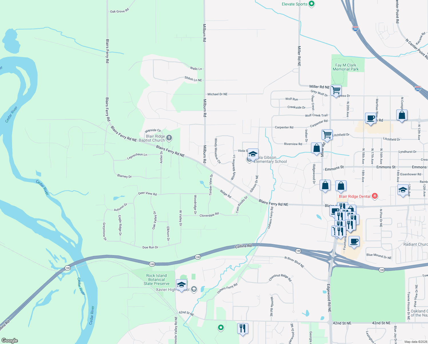 map of restaurants, bars, coffee shops, grocery stores, and more near 4390 County Highway E36 in Cedar Rapids