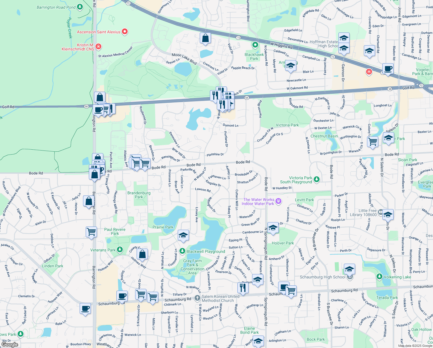 map of restaurants, bars, coffee shops, grocery stores, and more near 1900 Fairhaven Lane in Schaumburg
