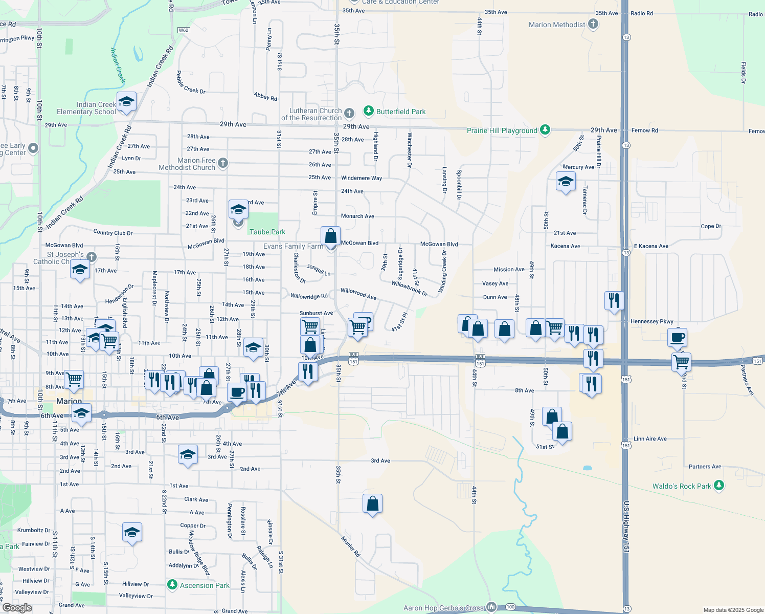 map of restaurants, bars, coffee shops, grocery stores, and more near 1481 39th St Pl in Marion