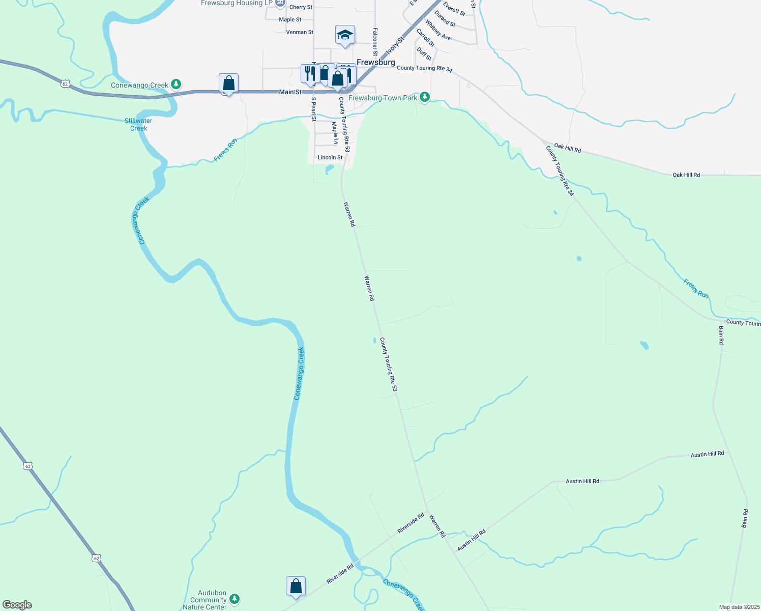 map of restaurants, bars, coffee shops, grocery stores, and more near 886 Warren Road in Frewsburg