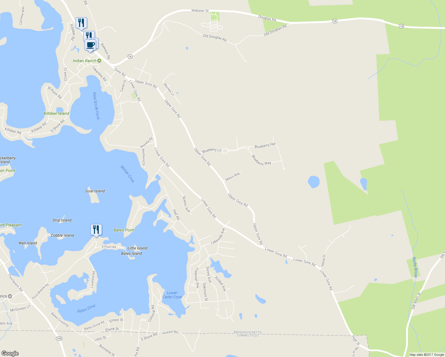 map of restaurants, bars, coffee shops, grocery stores, and more near 113 Upper Gore Road in Webster