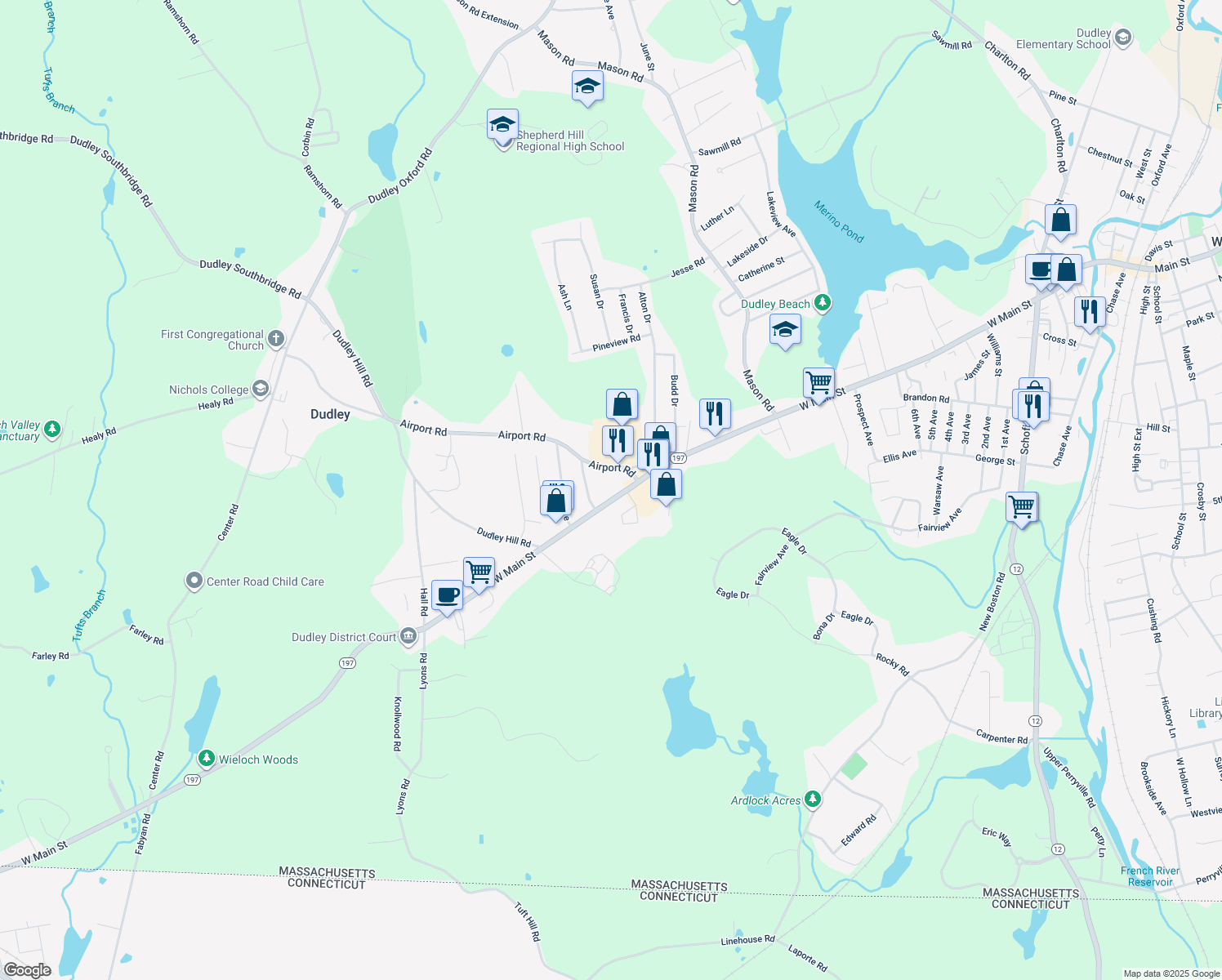 map of restaurants, bars, coffee shops, grocery stores, and more near 188 West Main Street in Dudley