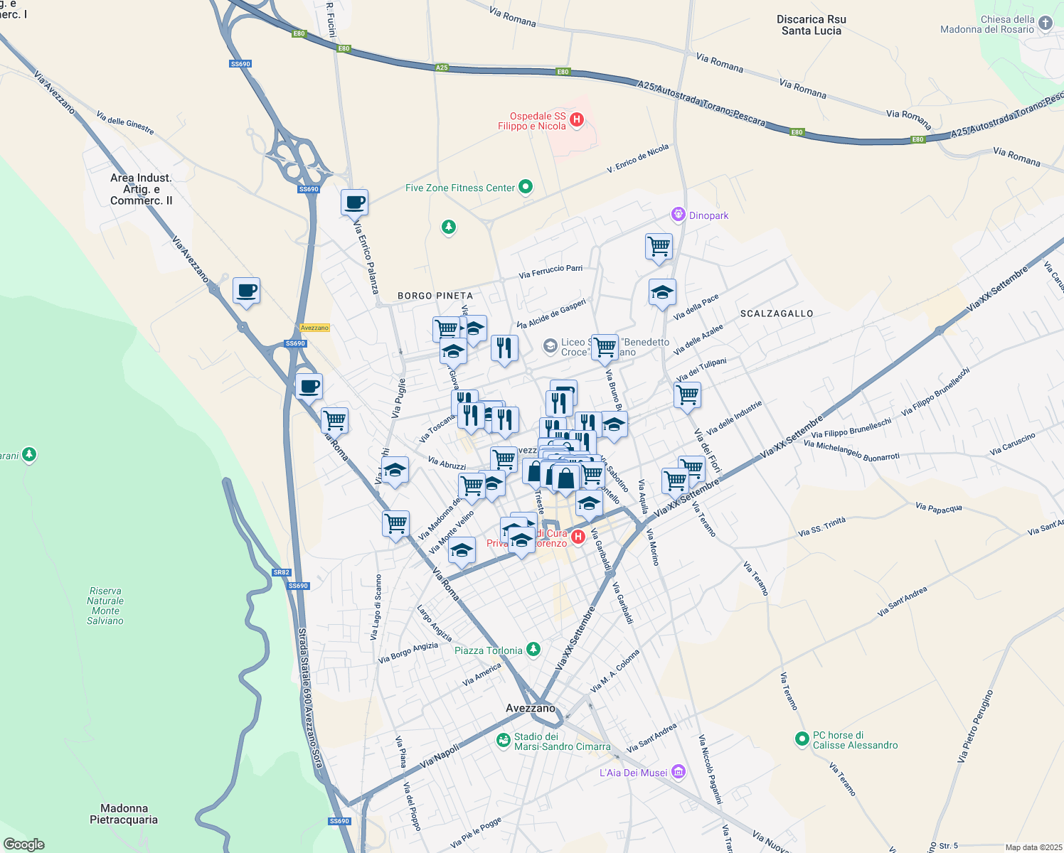 map of restaurants, bars, coffee shops, grocery stores, and more near Via Vincenzo Falcone in Avezzano