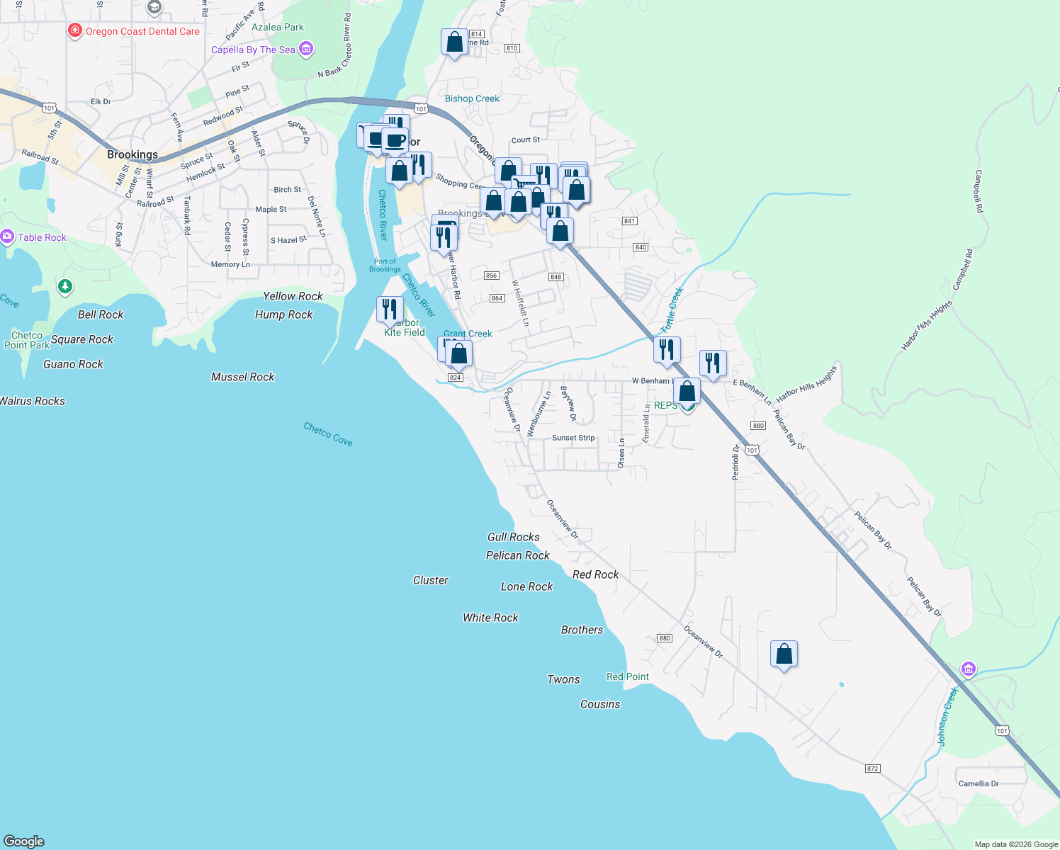 map of restaurants, bars, coffee shops, grocery stores, and more near 15924 Wenbourne Lane in Brookings