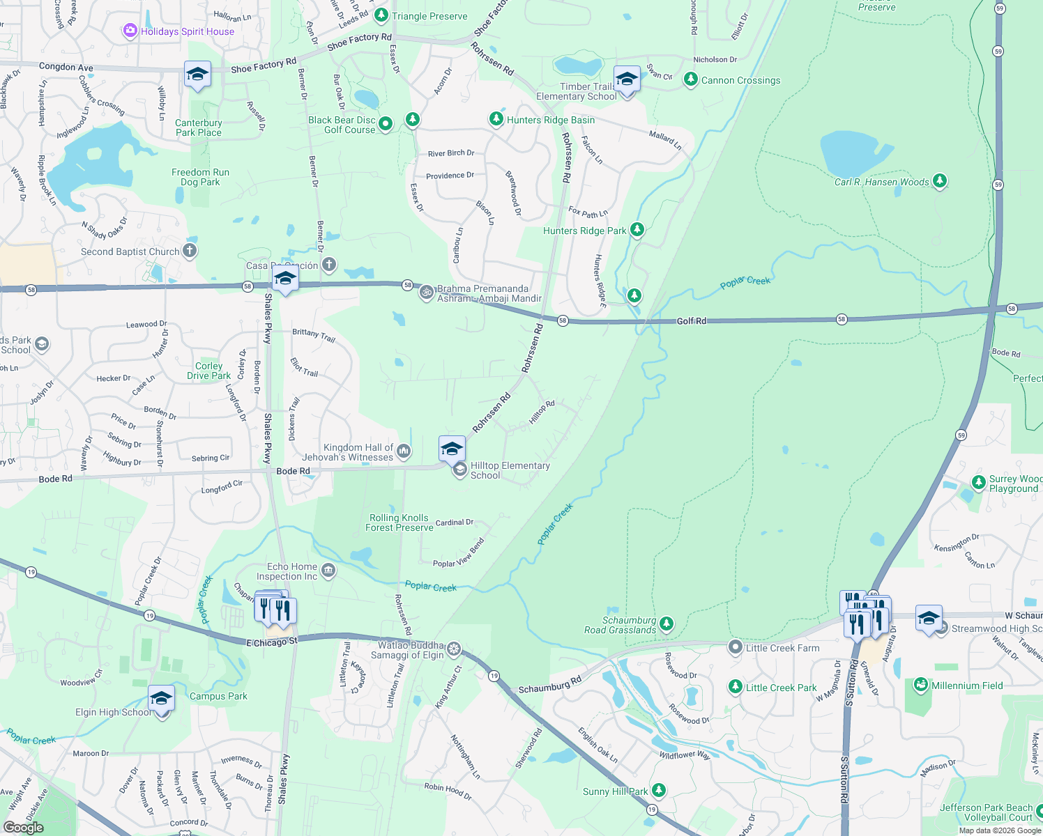 map of restaurants, bars, coffee shops, grocery stores, and more near 1770 Hilltop Rd in Elgin