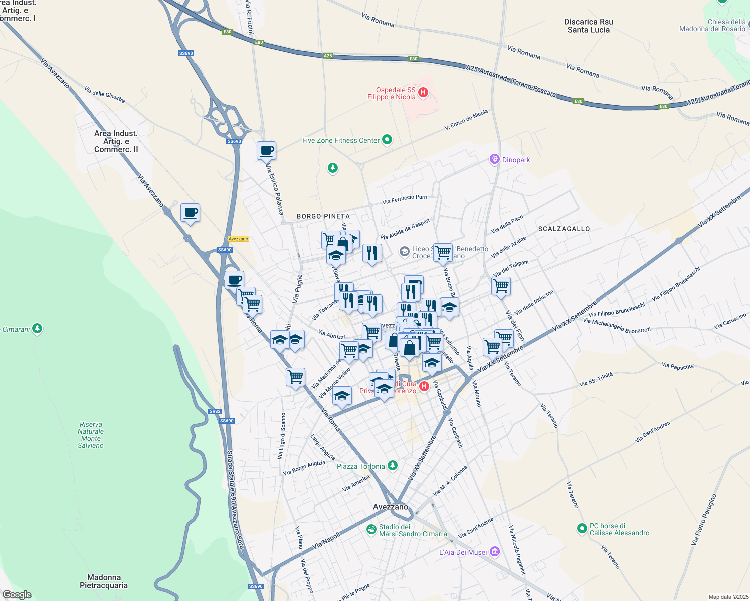 map of restaurants, bars, coffee shops, grocery stores, and more near Via Vincenzo Falcone in Avezzano