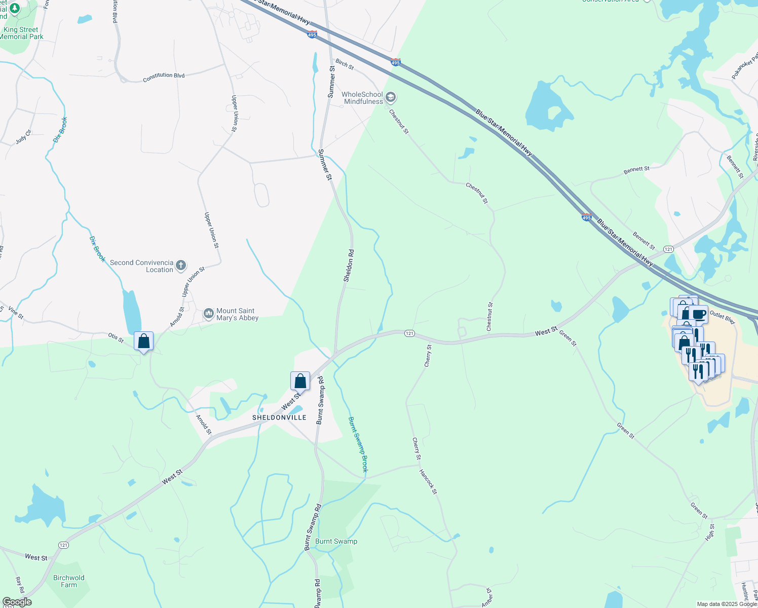 map of restaurants, bars, coffee shops, grocery stores, and more near 56 Sheldon Road in Wrentham