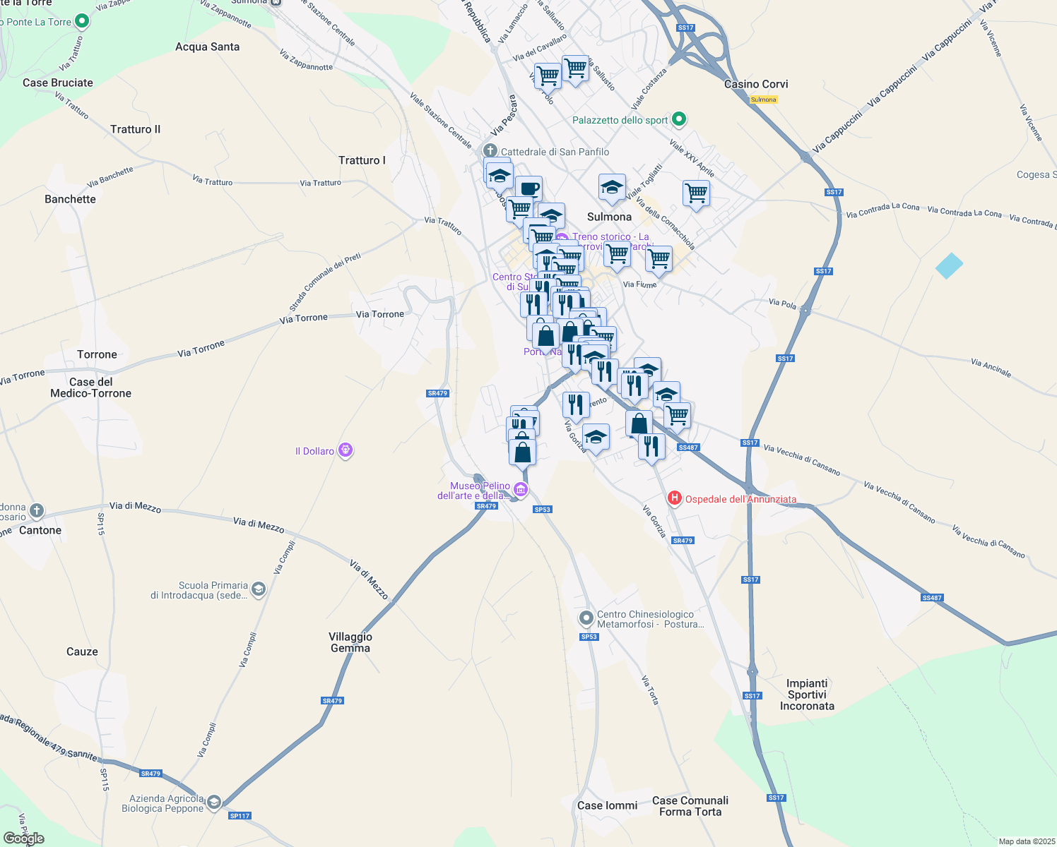 map of restaurants, bars, coffee shops, grocery stores, and more near 11 SR479 in Sulmona