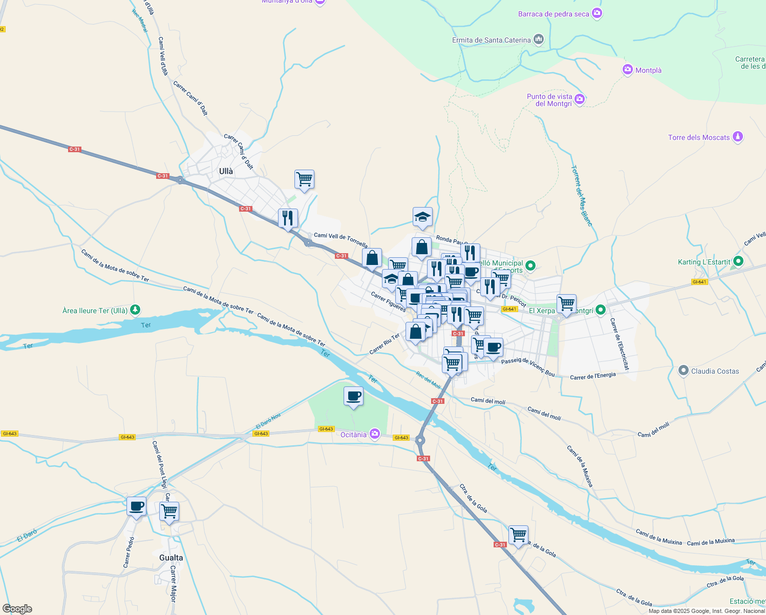 map of restaurants, bars, coffee shops, grocery stores, and more near 68 Carrer Migdia in Torroella de Montgrí