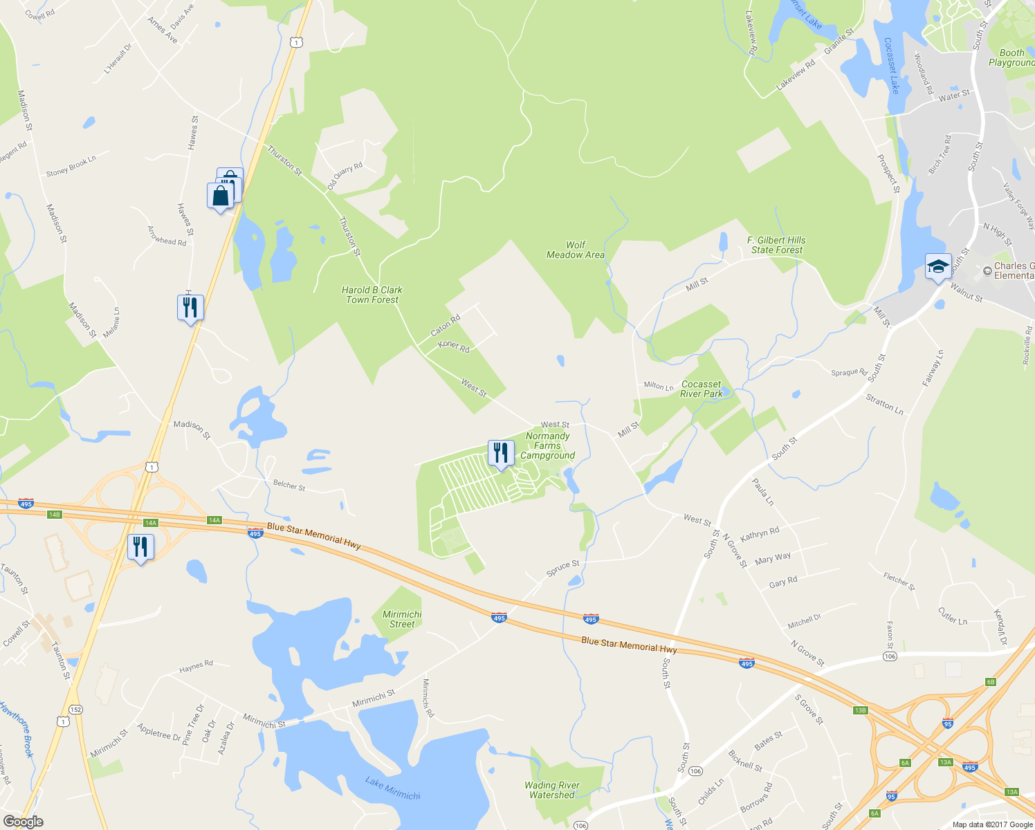 map of restaurants, bars, coffee shops, grocery stores, and more near 79 Thurston Street in Foxborough