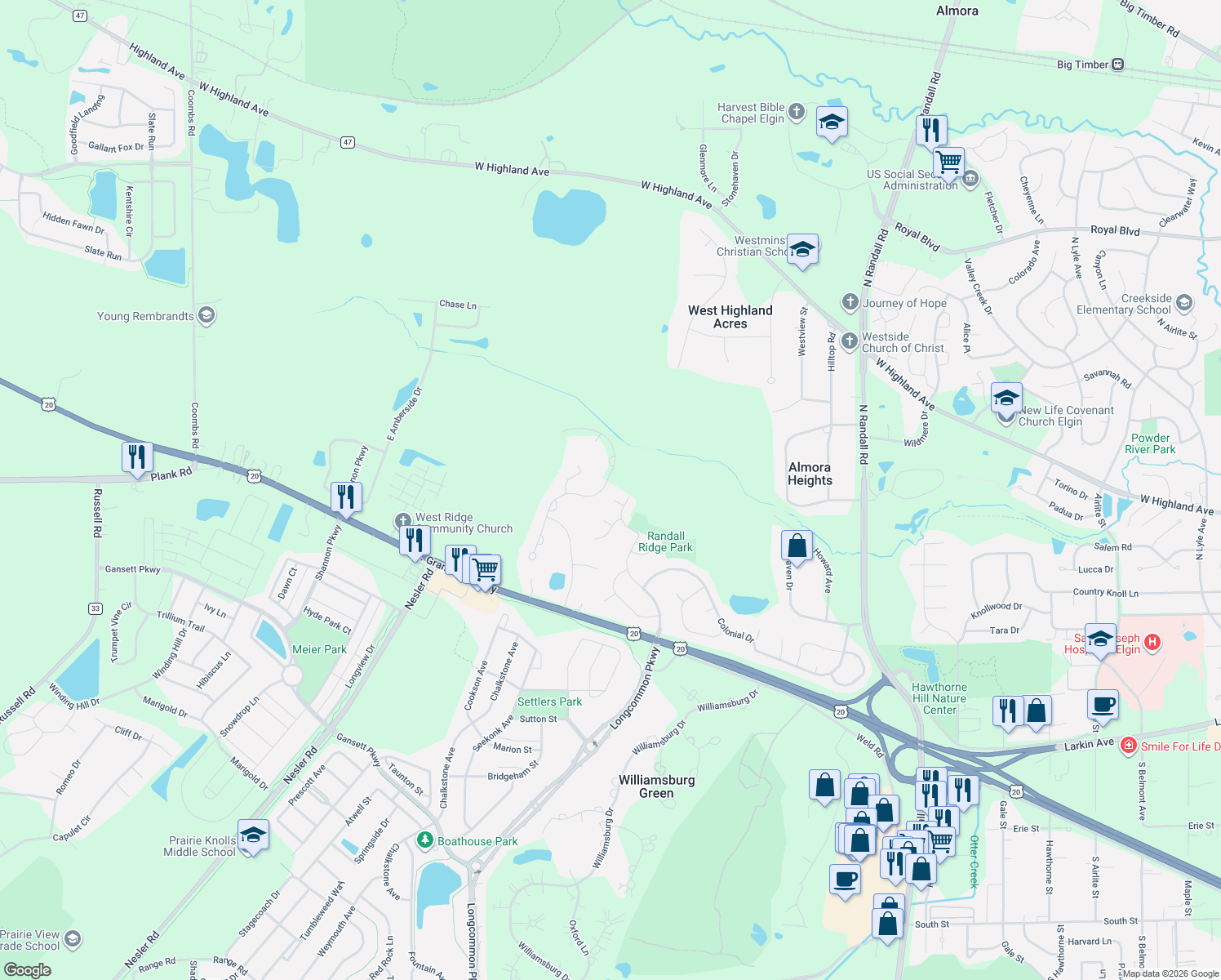 map of restaurants, bars, coffee shops, grocery stores, and more near 2980 Marshfield Court in Elgin