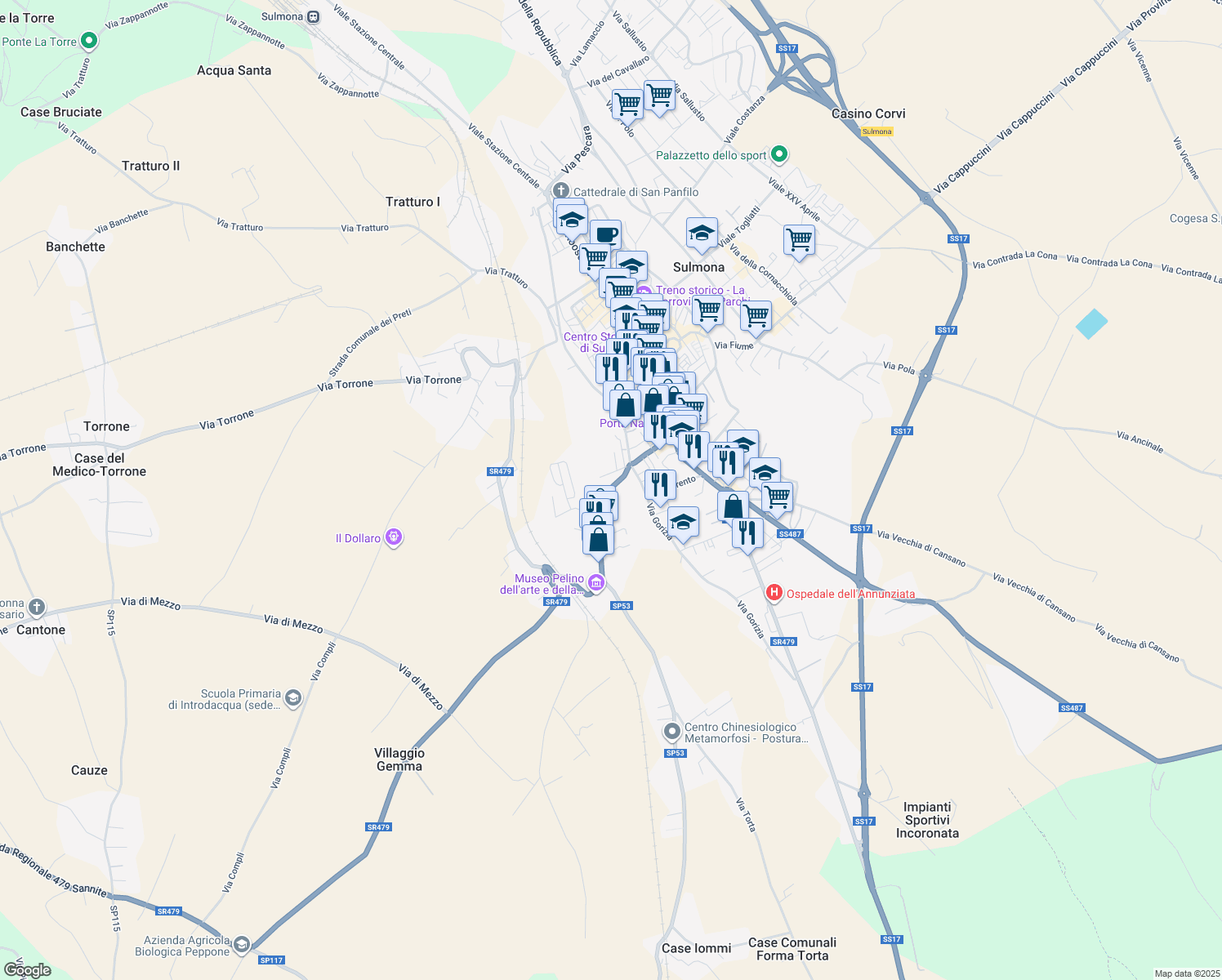 map of restaurants, bars, coffee shops, grocery stores, and more near 11 Strada Statale 479 in Sulmona