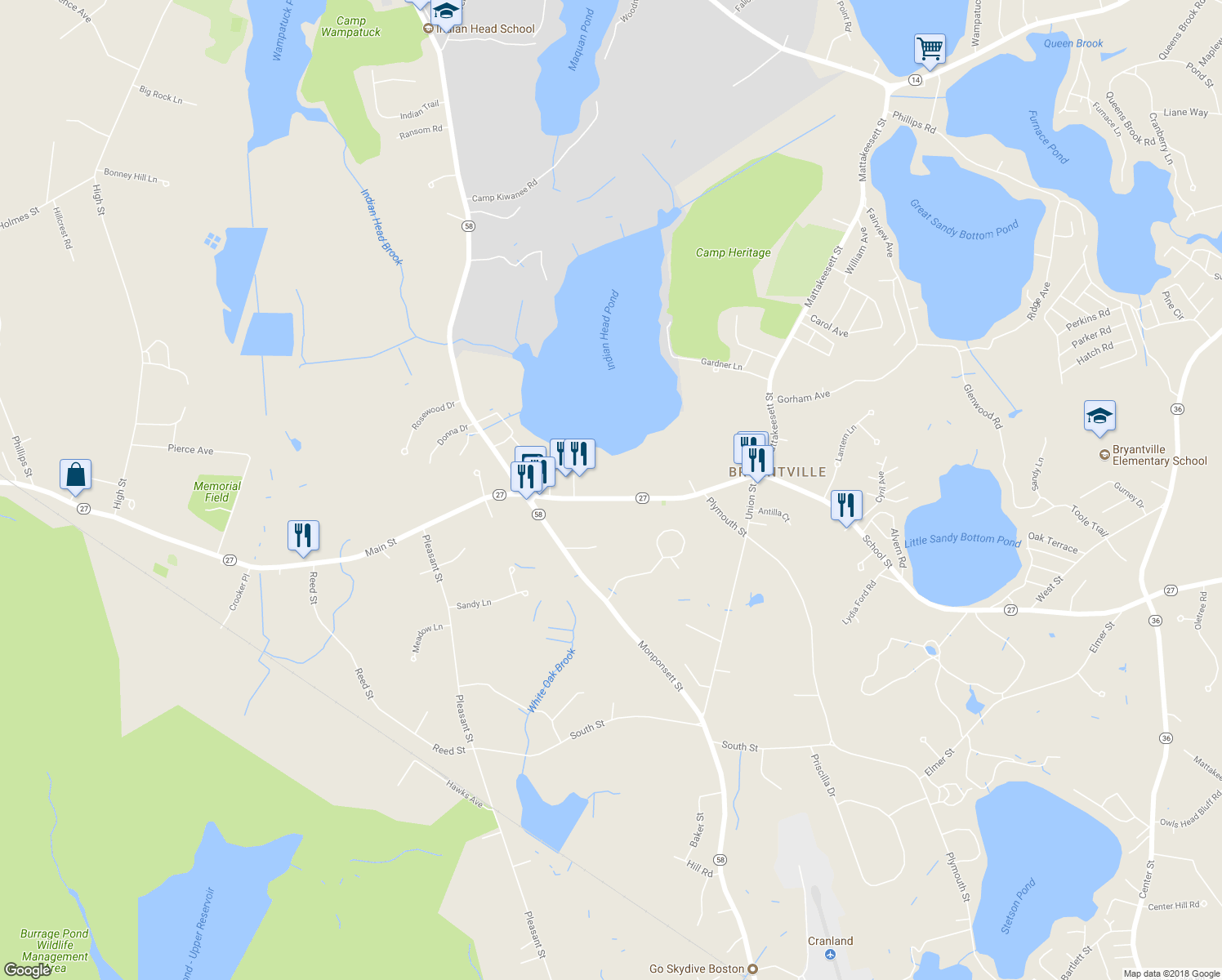 map of restaurants, bars, coffee shops, grocery stores, and more near 204 Main Street in Hanson