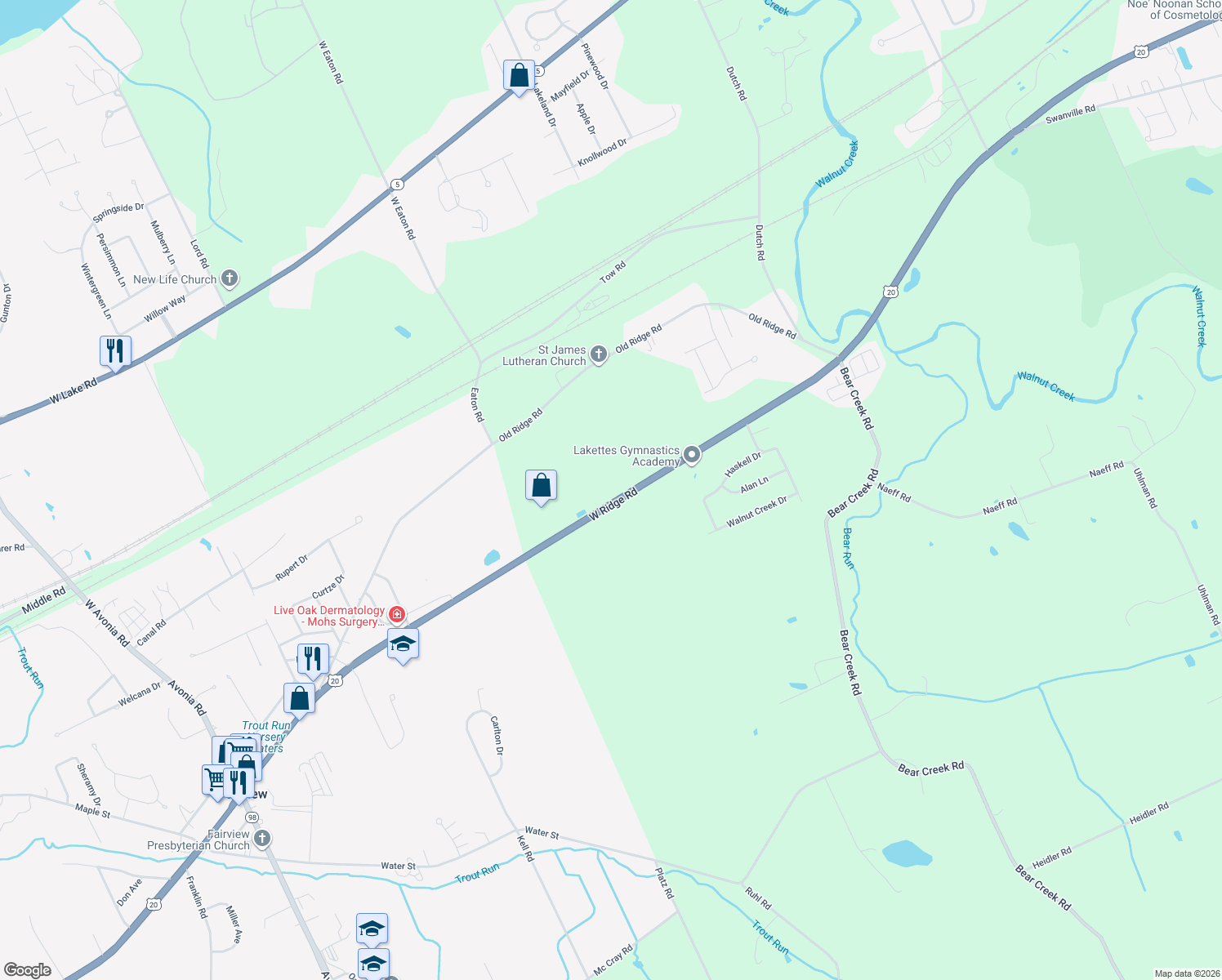 map of restaurants, bars, coffee shops, grocery stores, and more near 6890 W Ridge Rd in Fairview