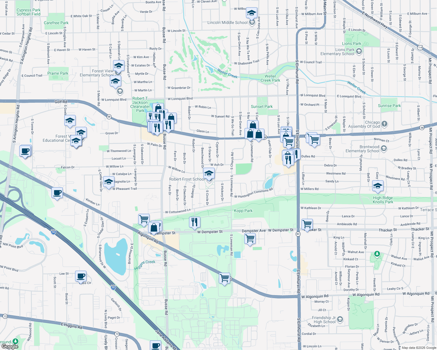map of restaurants, bars, coffee shops, grocery stores, and more near 1015 West Willow Lane in Mount Prospect