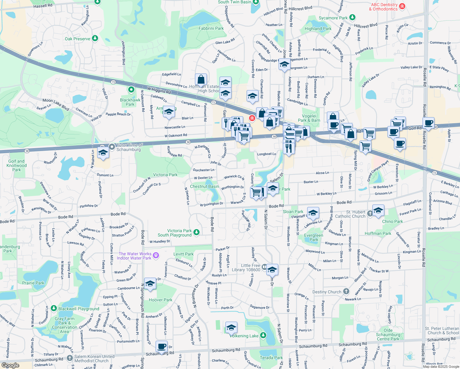 map of restaurants, bars, coffee shops, grocery stores, and more near 1100 Worthington Drive in Hoffman Estates