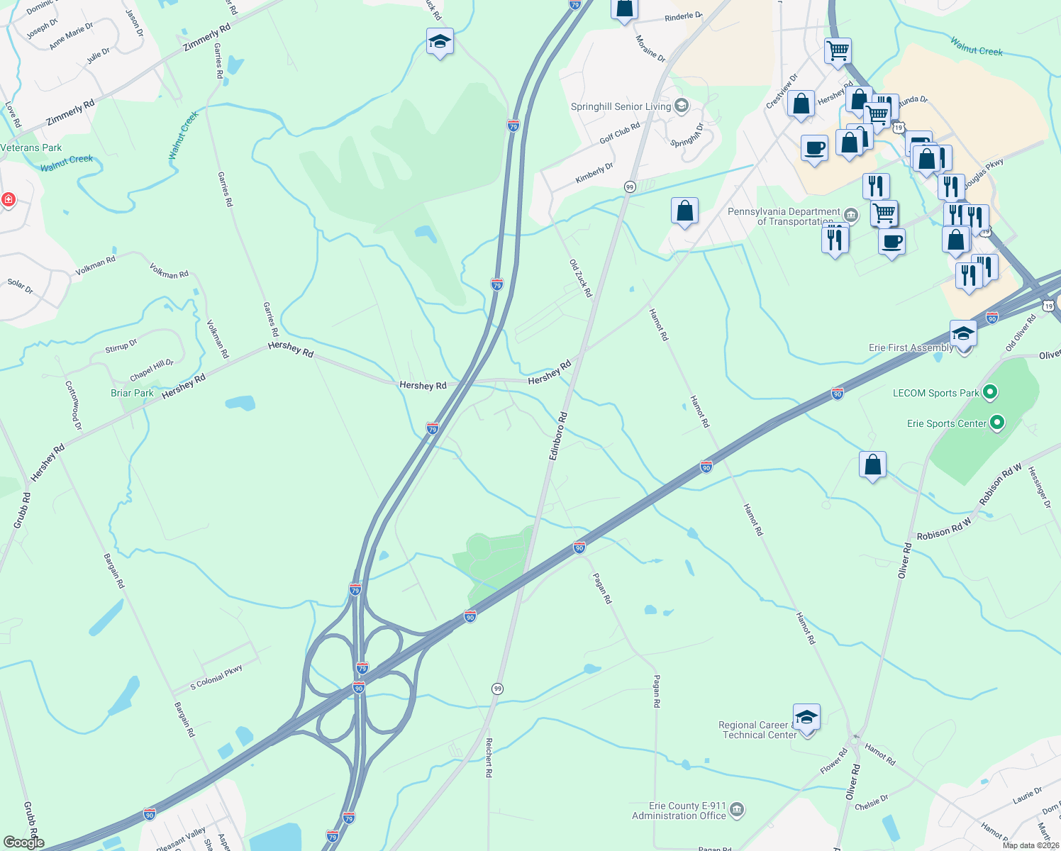 map of restaurants, bars, coffee shops, grocery stores, and more near 7540 White Birch Ln in Erie