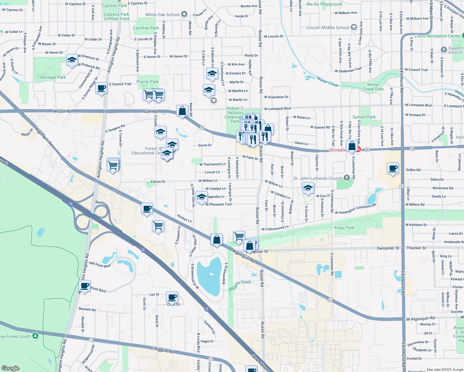 map of restaurants, bars, coffee shops, grocery stores, and more near 1732 West Catalpa Lane in Mount Prospect