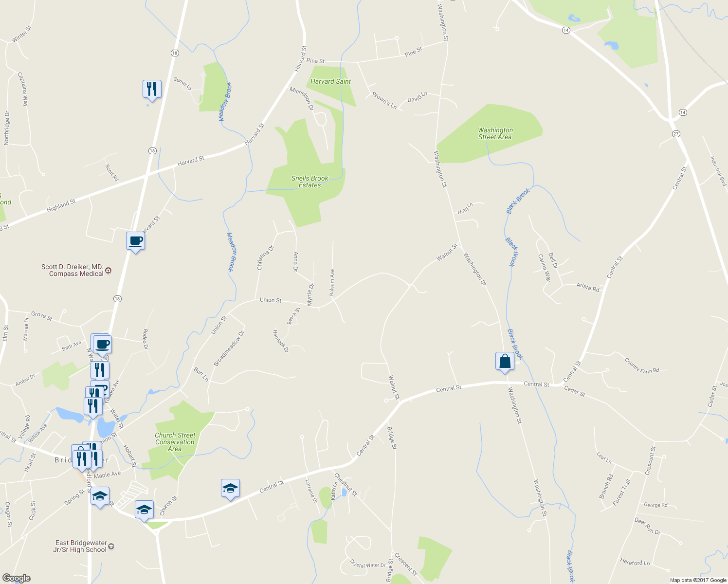 map of restaurants, bars, coffee shops, grocery stores, and more near 859 Union Street in East Bridgewater